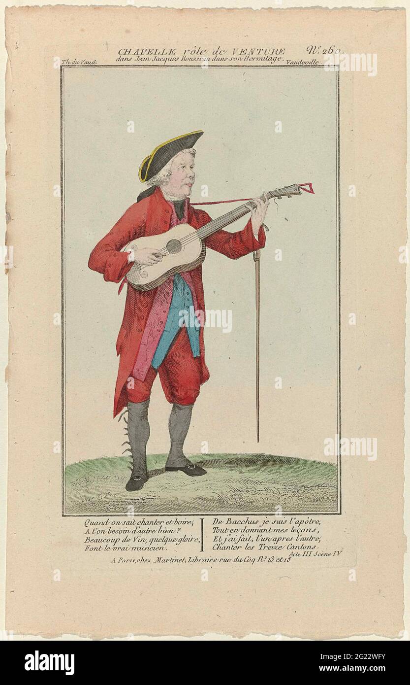 Petite Galerie Dramatique, 1796-1843, No. 260: Chapelle, Rôle de Venture. Costume dell'attore Chapelle nel ruolo di Venture nella farce 'Jean Jacques Rousseau dans Son Hermitage', cresciuto nel 'Théâtre du Vaudeville' a Parigi. Uomo che suona su una chitarra vestita con un fitto, un cardigan e pantaloni di ginocchio. Calze di pizzo. Accessori: cappello con rifinitura a contrasto, borsa per capelli (?), bastone da passeggio, scarpe con fibbie. Con due volte quattro regole dal terzo atto, scena quattro .. Stampa della rivista Petite Galerie Dramatique ou Recueil de Différents Costumes d'actors des Théâtres de la capitale (1796-1843). Foto Stock