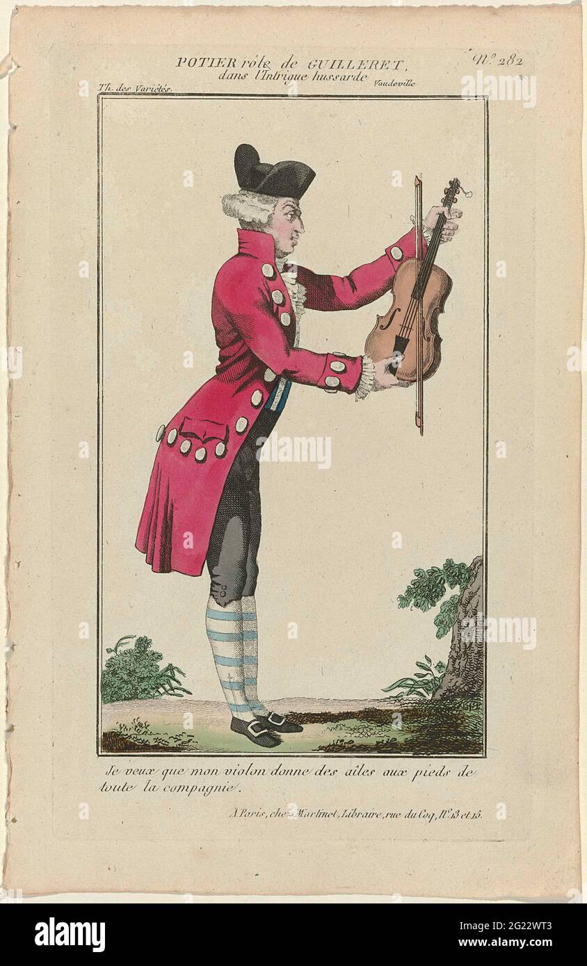 Petite Galerie Dramatique, 1796-1843, No. 282: Potter Rôle de Guilleret (...). Costume dell'attore Potier nel ruolo di Guilleret in De Klucht 'l'intrigue Hussarde', in scena nel 'Théâtre des Variétés'. Pantaloni Frak, cardigan e ginocchio. Jabot e polsini rugati. Calze a righe. Cappello. Scarpe con fibbie quadrate. Violino nelle mani. Stampa della rivista Petite Galerie Dramatique ou Recueil de Différents Costumes d'actors des Théâtres de la capitale (1796-1843). Foto Stock