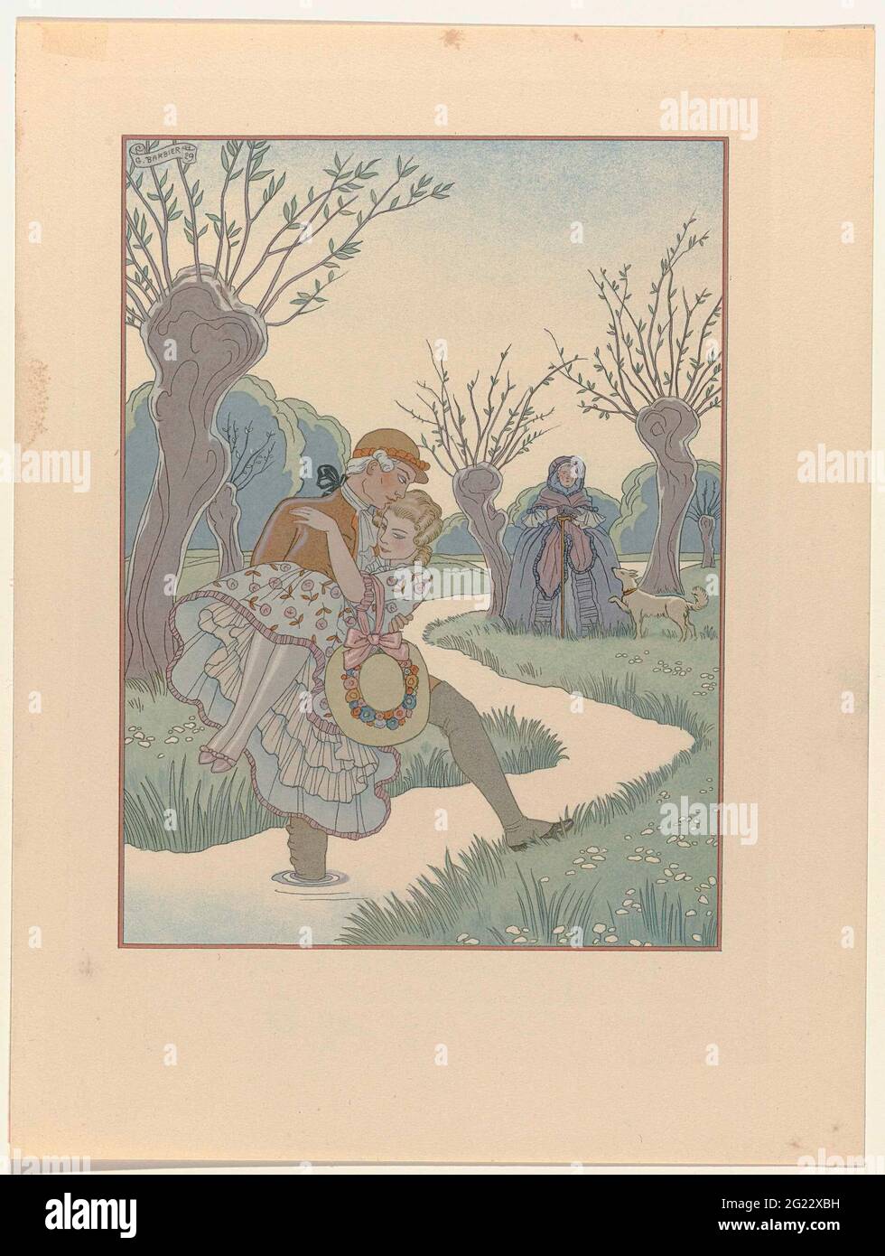 Les Liaisons Dangereuses, 1929 - 1934. Un giovane porta una giovane donna un fossato. Indossano abiti del diciottesimo secolo. La stampa appartiene alla serie 'Les Liaisons Dangereuses' illustrata da George Barbier, all'omonimo romano di Pierre Choderlos de Laclos dal 1782. Foto Stock