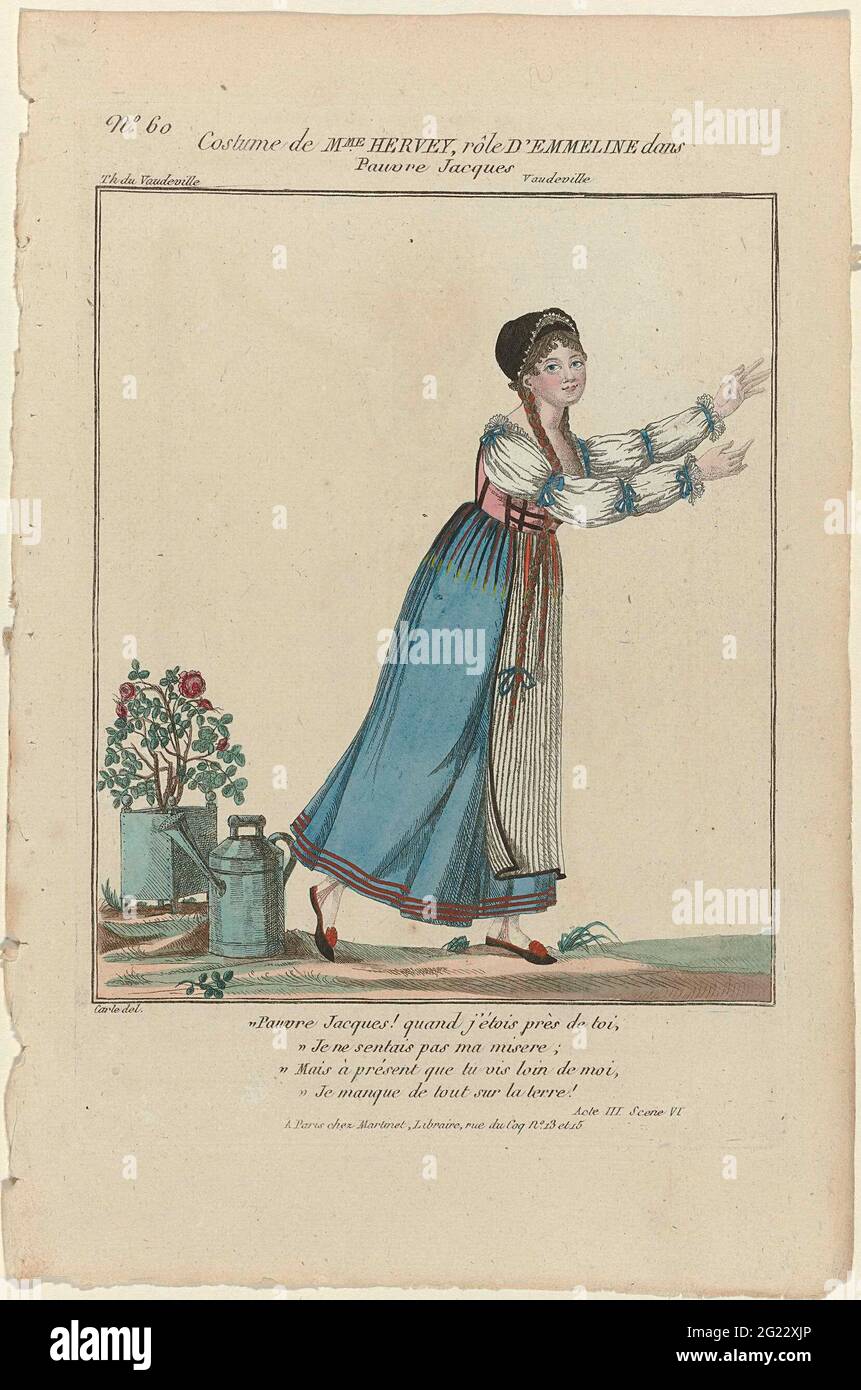 Petite Galerie Dramatique, 1796-1843, No. 60: COSTUME DE MME HERVEY (...) .. Costume dell'attrice Mme Hervey nel ruolo di Emmeline dalla farsa 'Pauvre Jacques' dei fratelli Théodore e Hippolyte Cogniarard, in scena nel 'Théâtre du Vaudeville'. Con quattro righe di testo dal terzo atto, scena sei. Foto Stock