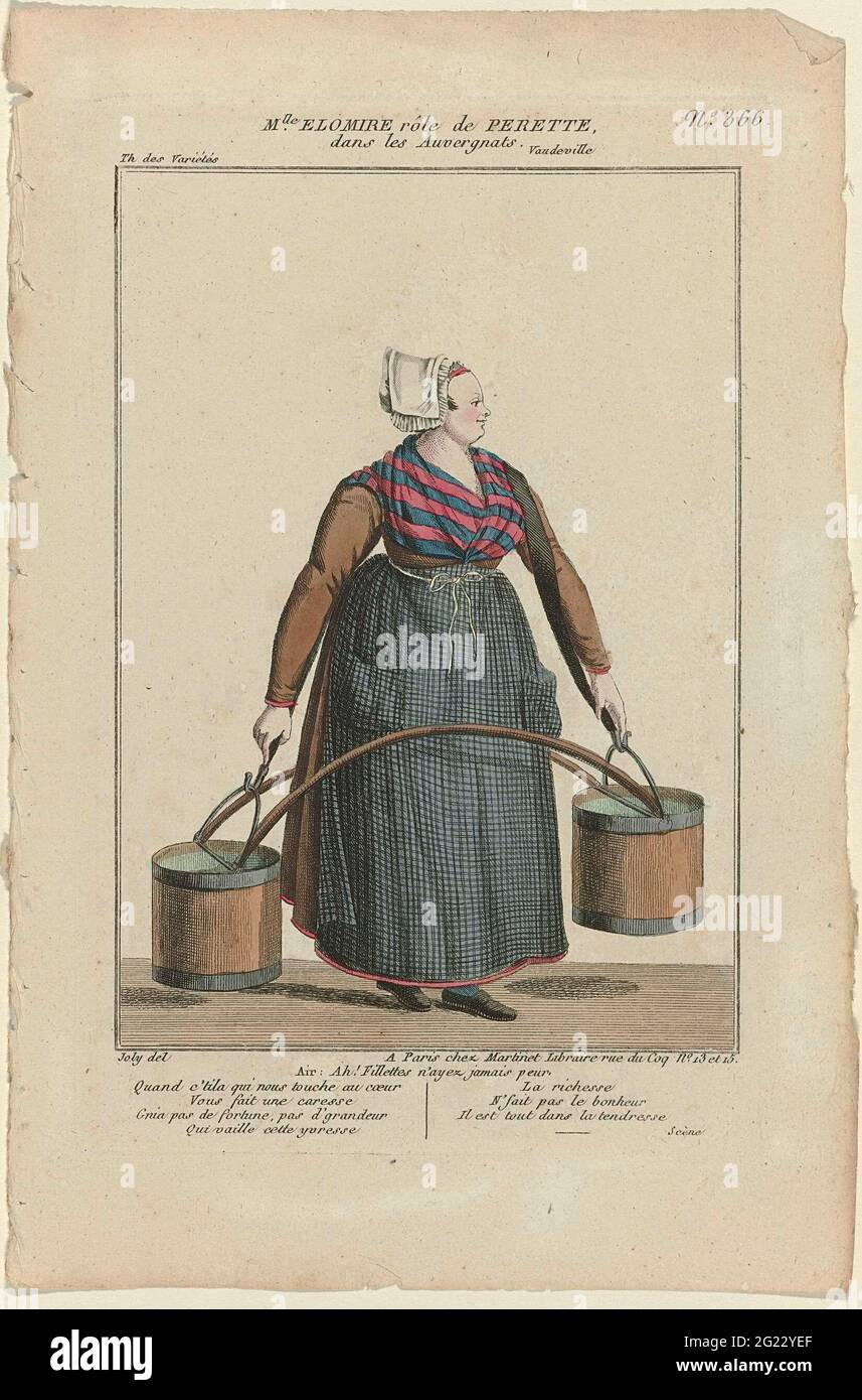 Petite Galerie Dramatique, 1796-1843, No. 366: MLLE Elomire Rôle de Persette. Costume dell'attrice MLLE Elomire nel ruolo di perette di De Klucht 'Les Auvergnats', eseguito nel 'Théâtre des Variétés'. Donna o milkmaid (?) Con due benne su una forcella. Indossa un abito con grembiule a scacchi. Tappo. Fichu a righe. Stampa della rivista Petite Galerie Dramatique ou Recueil de Différents Costumes d'actors des Théâtres de la capitale (1796-1843). Foto Stock