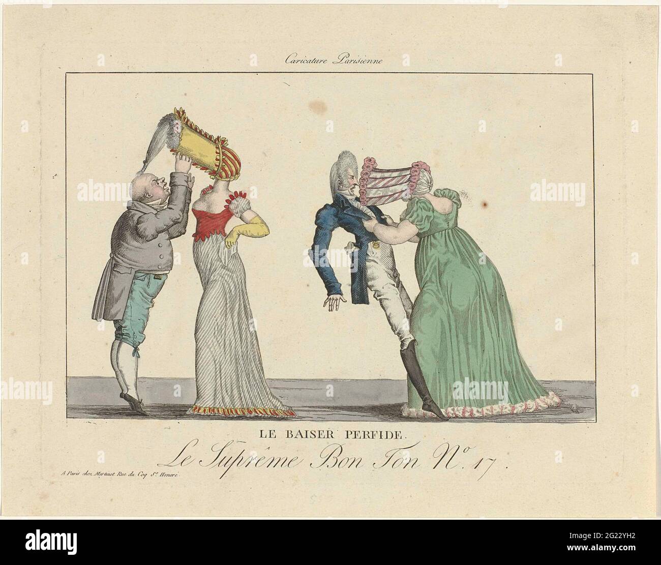 Le Suprême Bon Ton. Caricatura Parisienne, 1800-1815, n. 17: Le Baiser  Perfide .. Caricature sui grandi cappelli da tenda che erano in moda  intorno al 1800-1815. Due coppie in cui il cappello