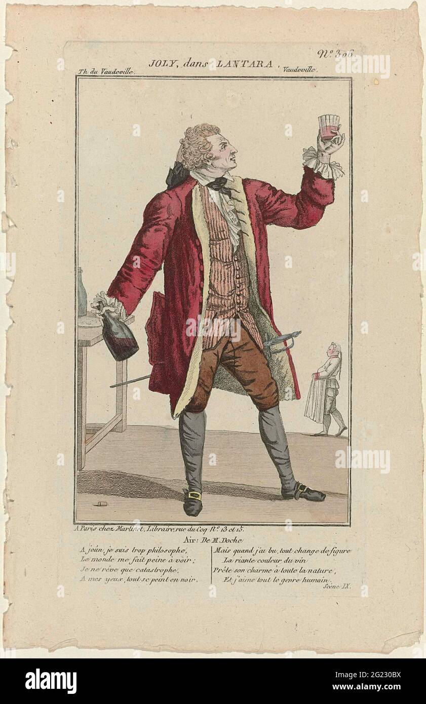 Petite Galerie Dramatique, 1796-1843, No. 306: Joly, danza Lantara. Costume dell'attore Joly in De Klucht 'Lantara', cresciuto nel 'Théâtre du Vaudeville' di Parigi. Frak, cardigan a righe e pantaloni ginocchio. Jabot e polsini rugati. Calze. Borsa per capelli (?). Degen. Scarpe con fibbie quadrate. Con due volte quattro righe di testo dalla quarta scena. Stampa della rivista Petite Galerie Dramatique ou Recueil de Différents Costumes d'actors des Théâtres de la capitale (1796-1843). Foto Stock