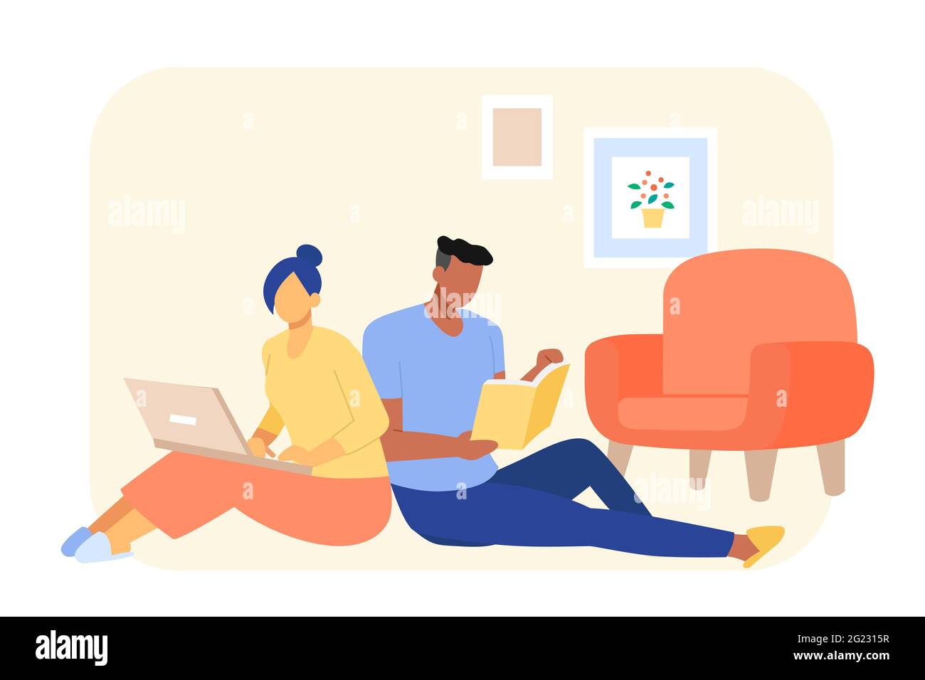 Illustrazione in stile piatto, coppia che rimane a casa. Donna che usa un computer portatile e un uomo che legge un libro nel soggiorno Illustrazione Vettoriale