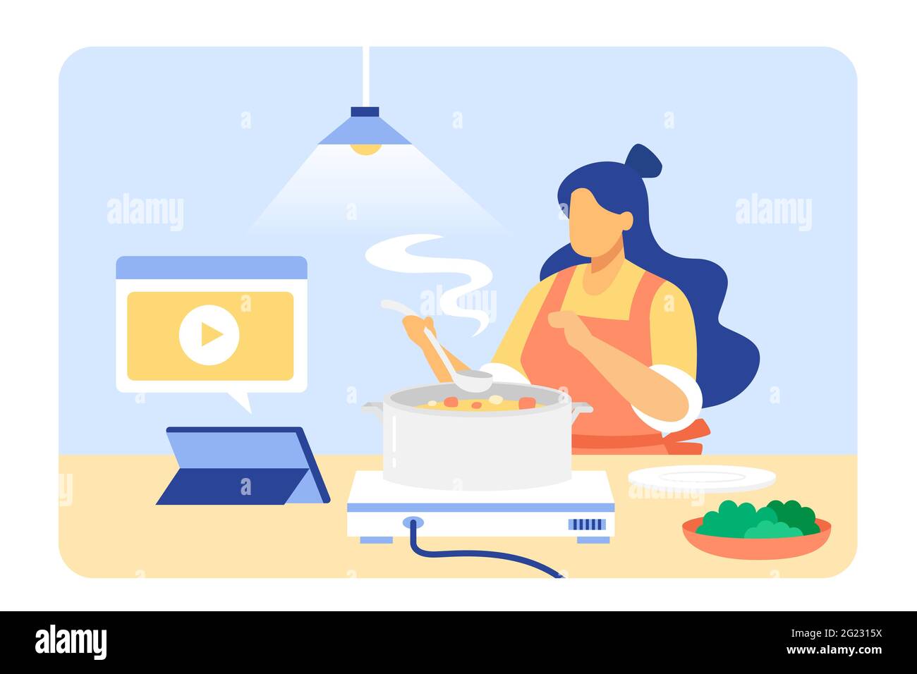 Donna che fa il cibo usando la ricetta sul PC della tavoletta. Cucina online di apprendimento femminile su tablet digitale. Illustrazione piatta. Illustrazione Vettoriale