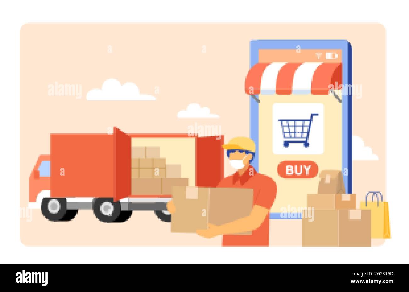 Persona di consegna con maschera protettiva. Camion di consegna con scatole e pacchi e la schermata dell'app mobile per lo shopping online in background. Stile piatto illust Illustrazione Vettoriale