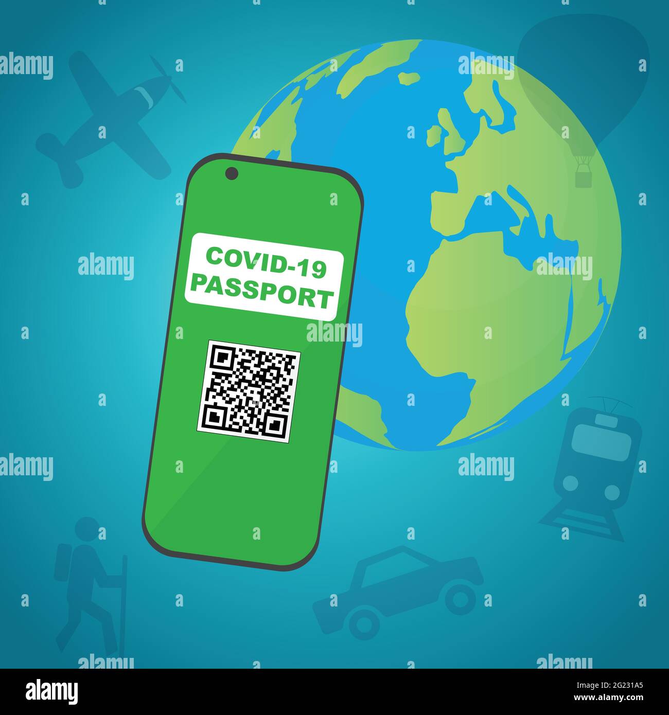 Smartphone con Covid 19 Passport vicino al mondo, concetto di viaggio di sicurezza Illustrazione Vettoriale