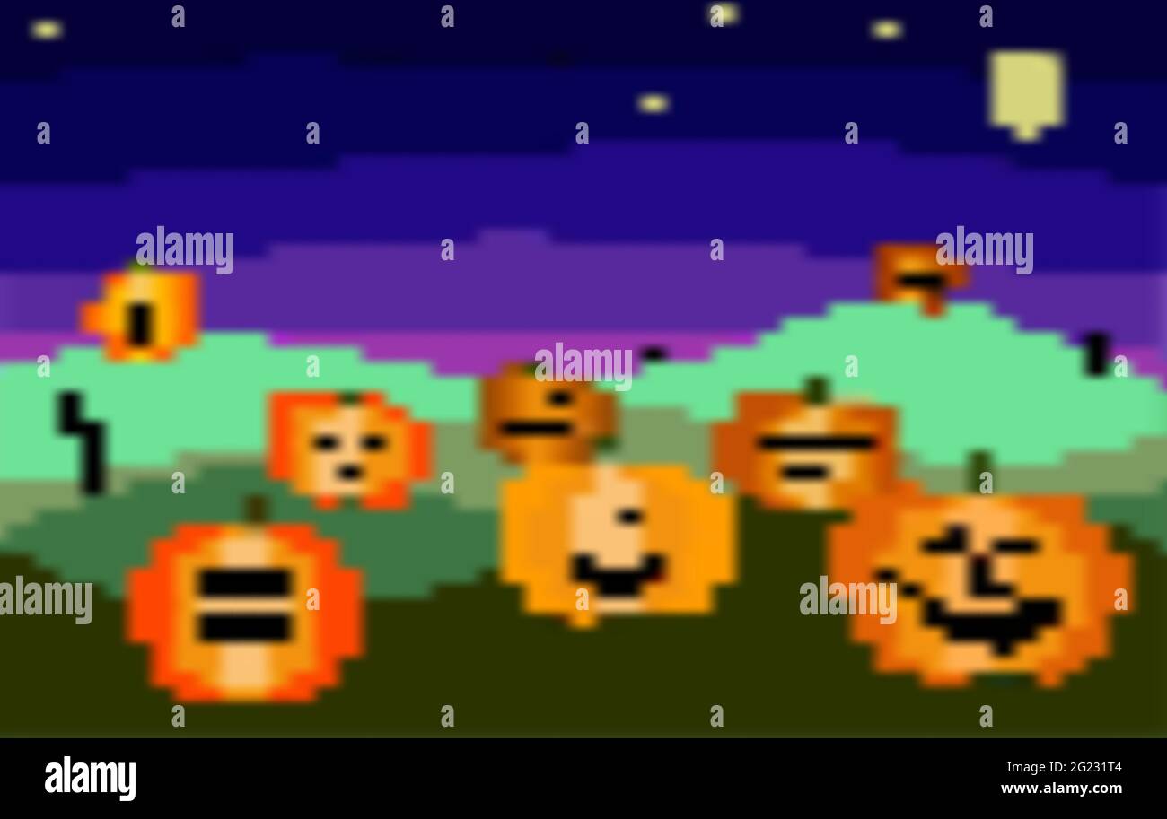 Sfondo Halloween pixel sfocato. Notte autunno festivo paesaggio con spaventose zucche su uno sfondo di cielo viola, stelle e la luna. Vacanze autunnali Illustrazione Vettoriale