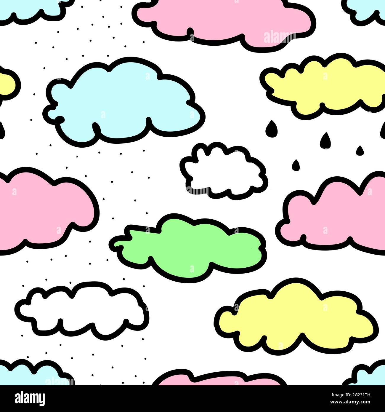 Nuvole senza cuciture con neve e pioggia. Bella illustrazione per carta da parati, carta da imballaggio, tessuto, design per bambini. Multicolore disegnato a mano Illustrazione Vettoriale