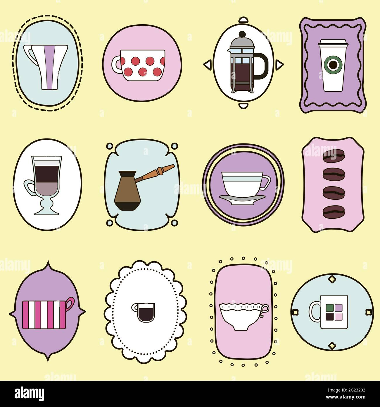 Diverse tazze di caffè con motivo senza cuciture. Set di tazze con bevande calde. Latte, cappuccino, bicchieri da espresso, cezve, french press, chicchi di caffè su tovagliolo Illustrazione Vettoriale