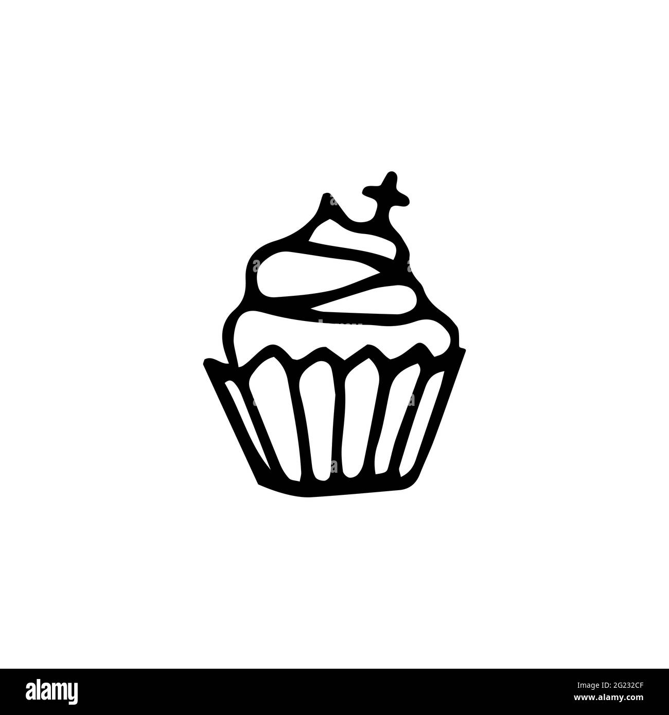 Doodle cupcake con crema e decorazione. Dessert disegnato a mano per feste per bambini, Halloween, battesimo, Pasqua, compleanno. Concetto di cibo festivo con croce. Illustrazione Vettoriale