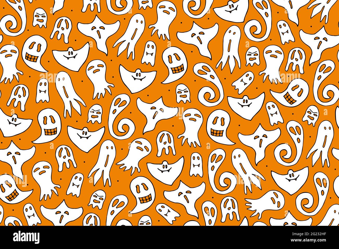 Modello Halloween senza cuciture. Fantasmi bianchi su sfondo arancione con puntini di polka. Spiriti terrosi carino disegnati a mano. Banner per apparizione vettoriale per aut spooky Illustrazione Vettoriale