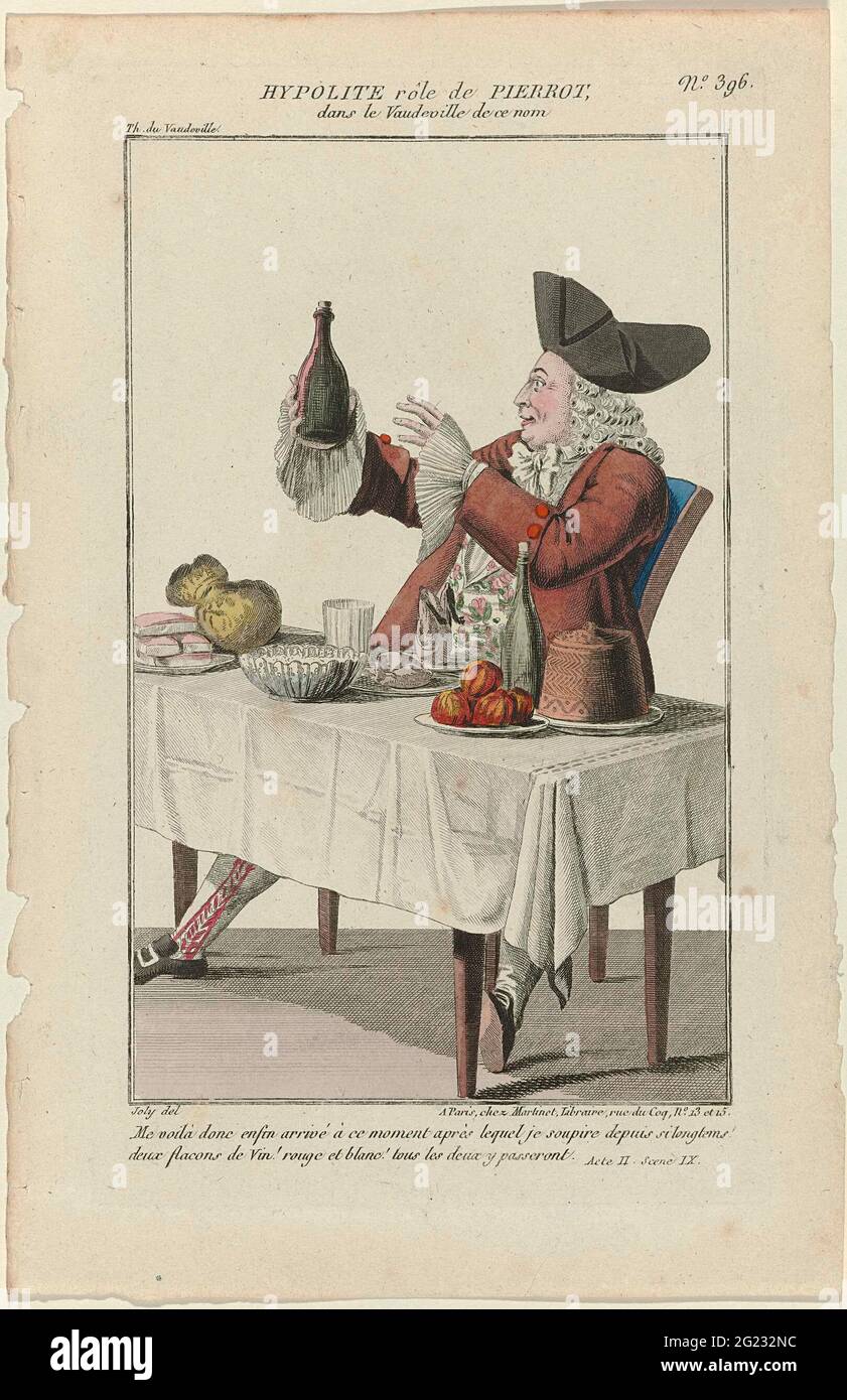 Petite Galerie Dramatique, 1796-1843, No. 396: Hypolite Rôle Pierrot (...). Costume dell'attore Hypolite nel ruolo di Pierrot da De Klucht 'le Vaudeville de CE Nom', cresciuto nel 'Théâtre du Vaudeville'. Frak e gilet con motivo floreale. CRAVATE. Polsini rugosi di grandi dimensioni. Calze. Scarpe con fibbie quadrate. Si siede su un tavolo fisso e tiene una bottiglia di vino a portata di mano. Con due righe di testo dal secondo atto, scena nove. Stampa della rivista Petite Galerie Dramatique ou Recueil de Différents Costumes d'actors des Théâtres de la capitale (1796-1843). Foto Stock