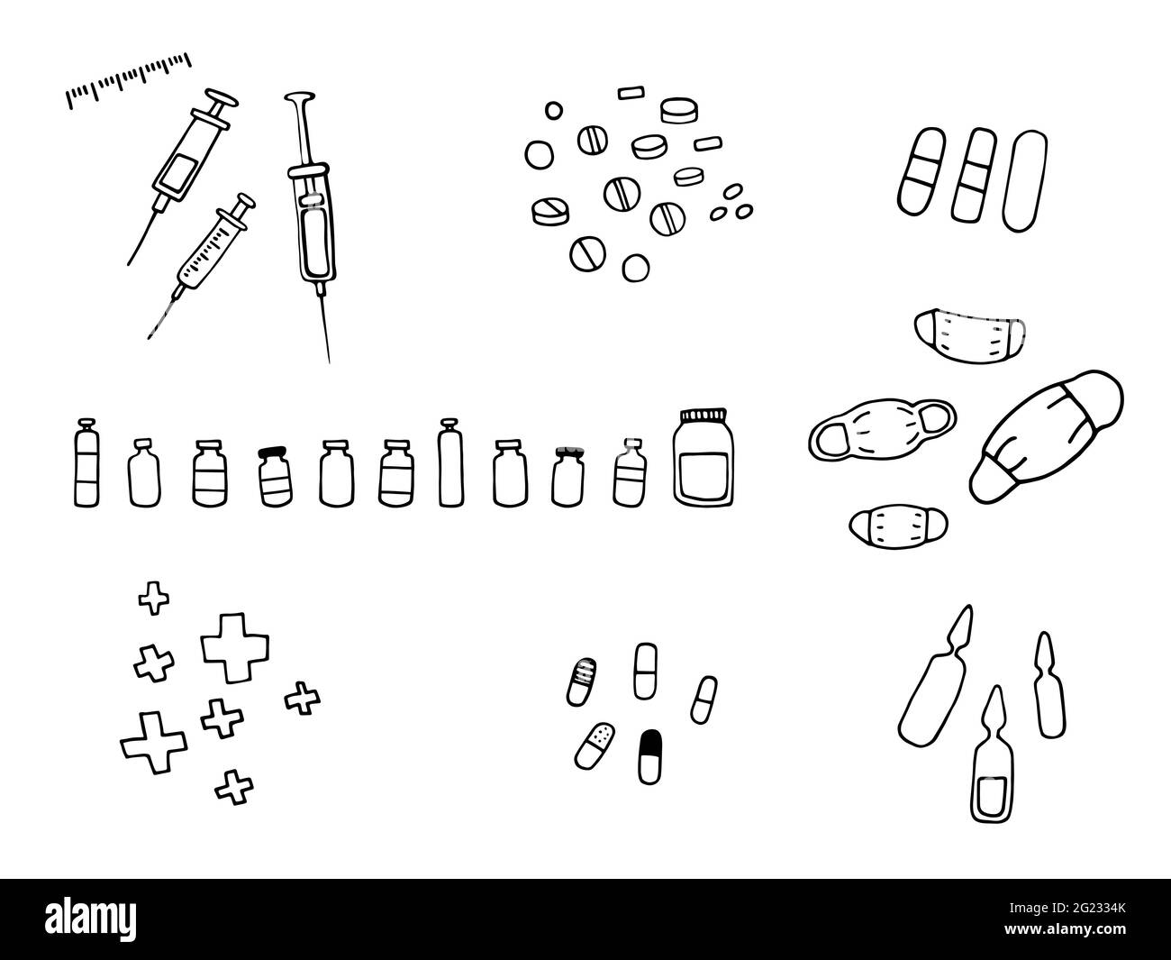 Set di materiale medico. Profili neri vettoriali di siringhe, maschere, compresse, farmaci, lattine, fiale, croci, adesivi isolati su sfondo bianco. Co. Stock Illustrazione Vettoriale