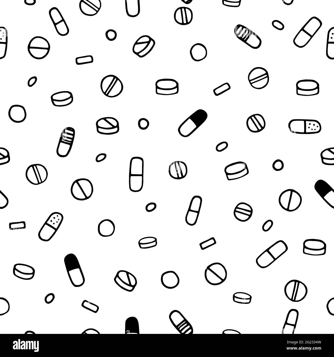 Modello medico vettoriale senza giunture. Contorno nero di pillole isolate su uno sfondo bianco. Pillole, farmaci, antidolorifici, antibiotici, vitamine su un braccio Illustrazione Vettoriale