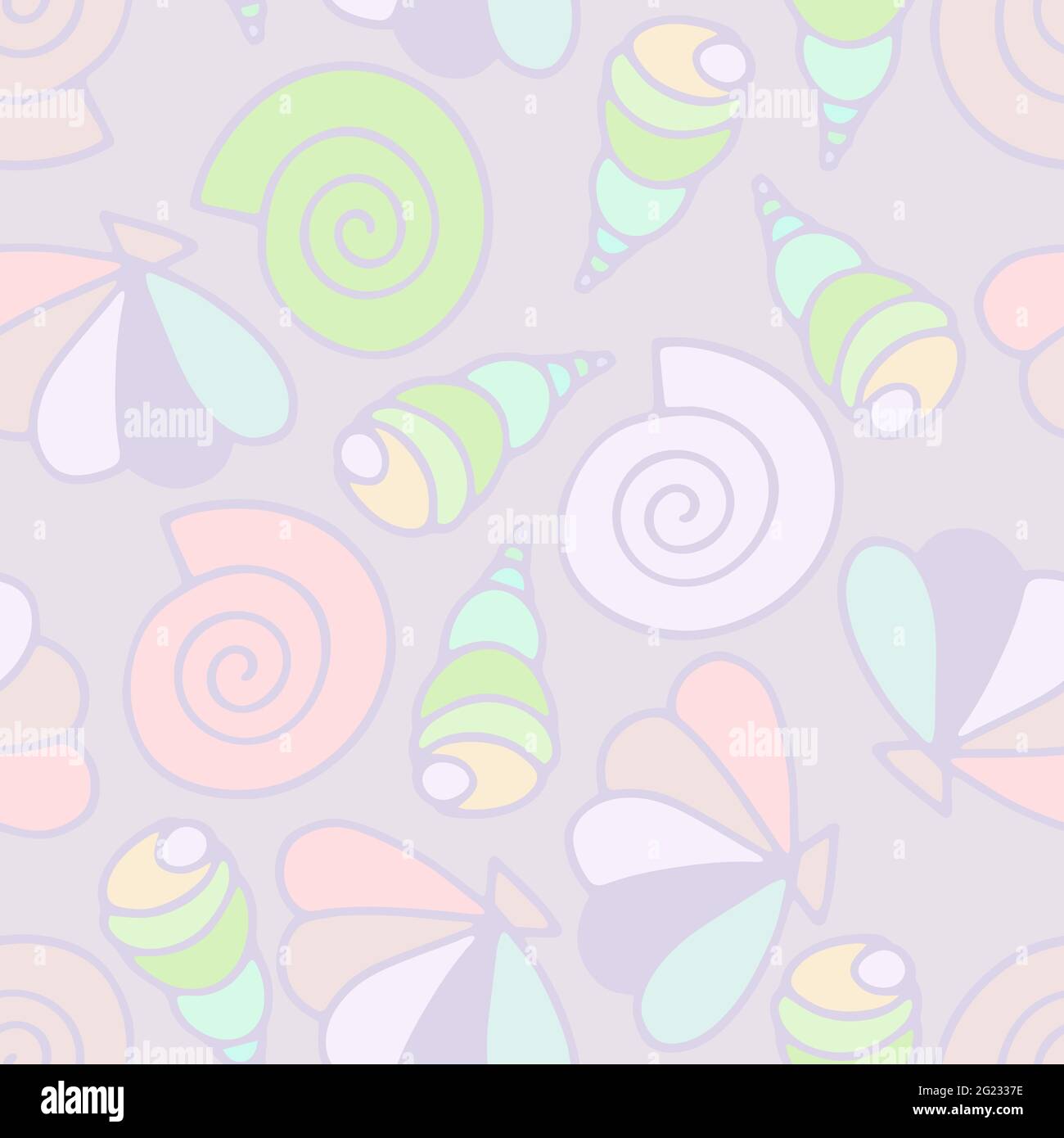 Seashells modello vettoriale estivo senza cuciture. Colori pastello lumache di mare su sfondo lilla. Illustrazione con conchiglie fumetti a luce casuale per carta da parati, w Illustrazione Vettoriale