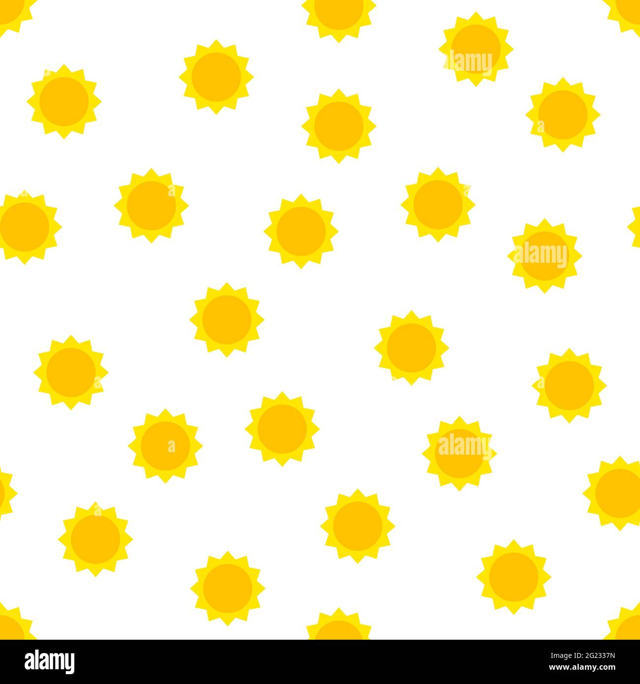 Schema di sole senza cuciture. Cute giallo sole isolato su sfondo bianco. Colore alba, tramonto segno. Simbolo piatto di estate, calore, vacanza, viaggio, spiaggia Illustrazione Vettoriale