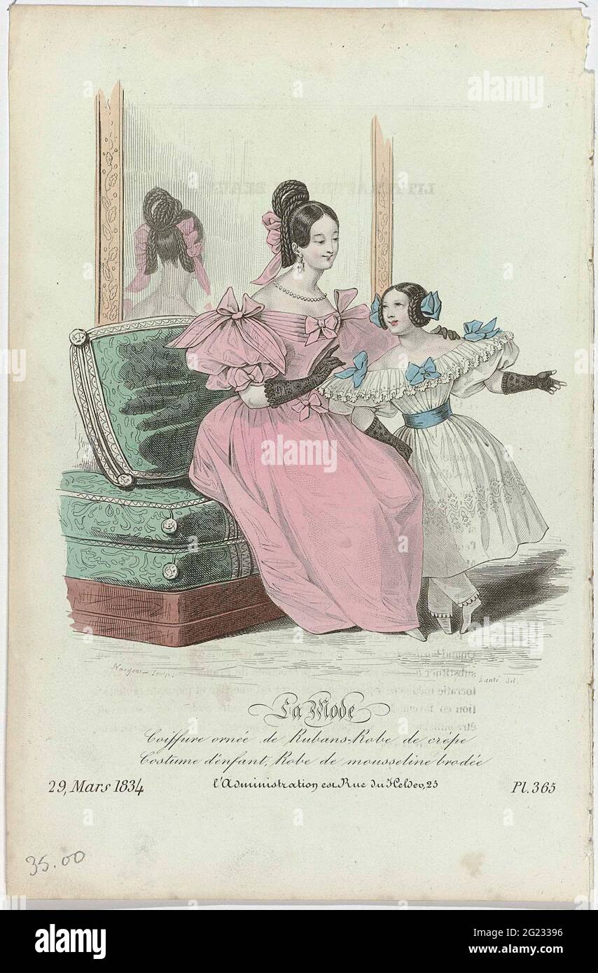 La Mode, 29 Mars 1834, pl. 365: Coiffure Ornée de Rubans-Rob (...). 'Coiffure' decorato con nastri. Jap di crepe. Accessori: orecchini, collana, guanti. Abbigliamento per bambini: Giap di mussola ricamata e Bloomers. Stampare dal caricatore modalità la (1829-1855). Foto Stock