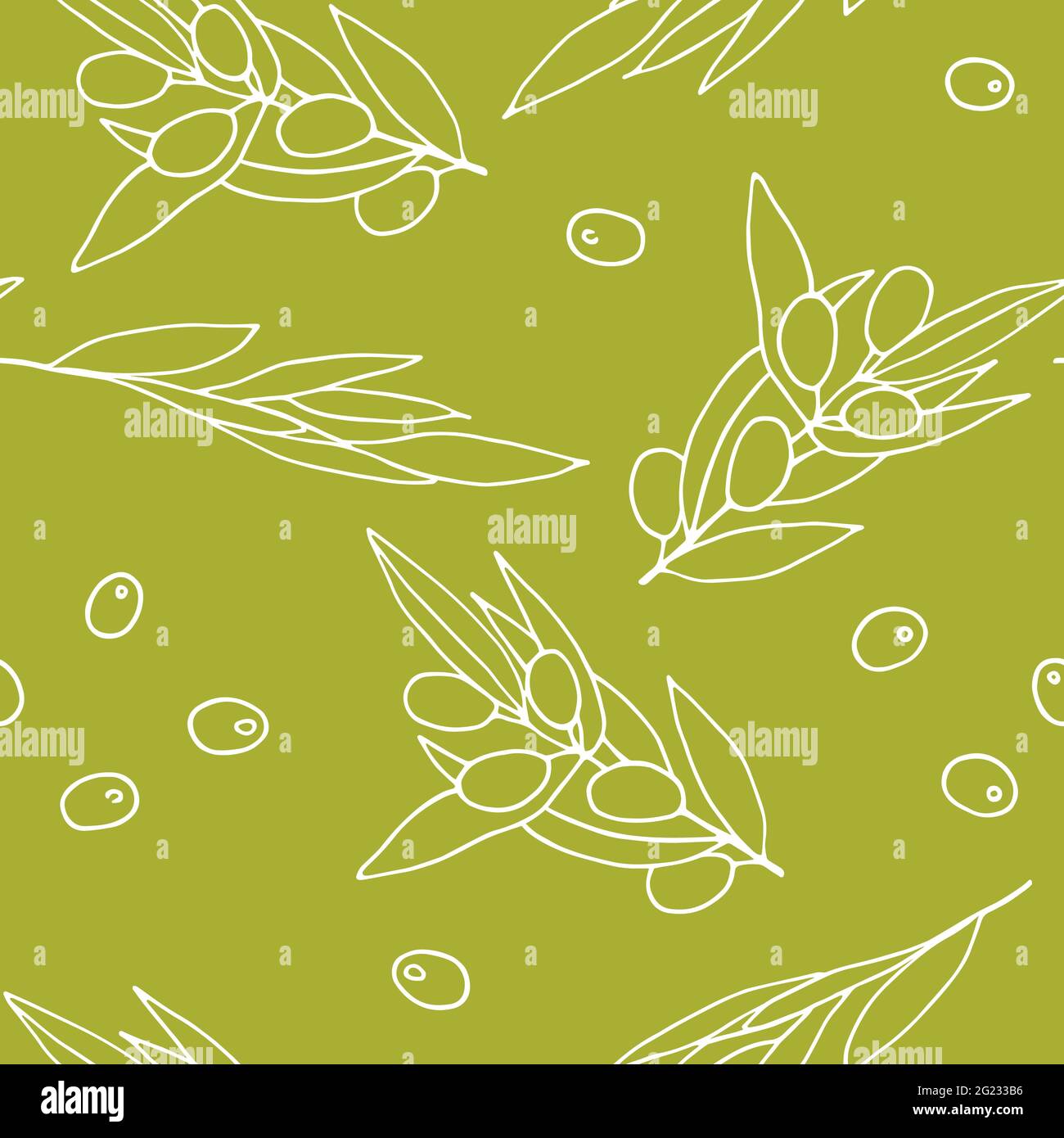 Lives con pattern senza giunture. Profilo bianco rami di oliva isolati su sfondo di oliva. Casualmente arrangiato Berries e foglie d'oliva. Prodotto naturale vettoriale Illustrazione Vettoriale