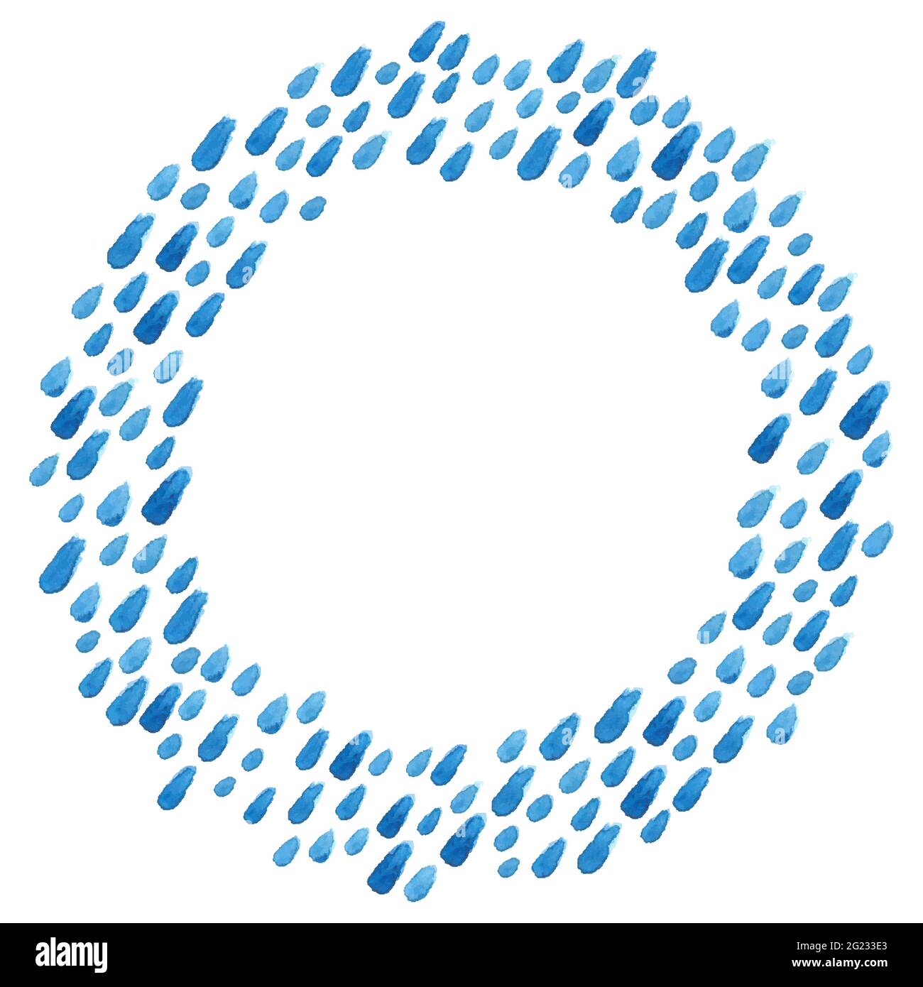 Illustrazione del vettore acquerello. Tratti blu di vernice isolati su sfondo bianco. Macchie acquerello, spruzzi, pioggia, acqua, gocce formando un roun Illustrazione Vettoriale