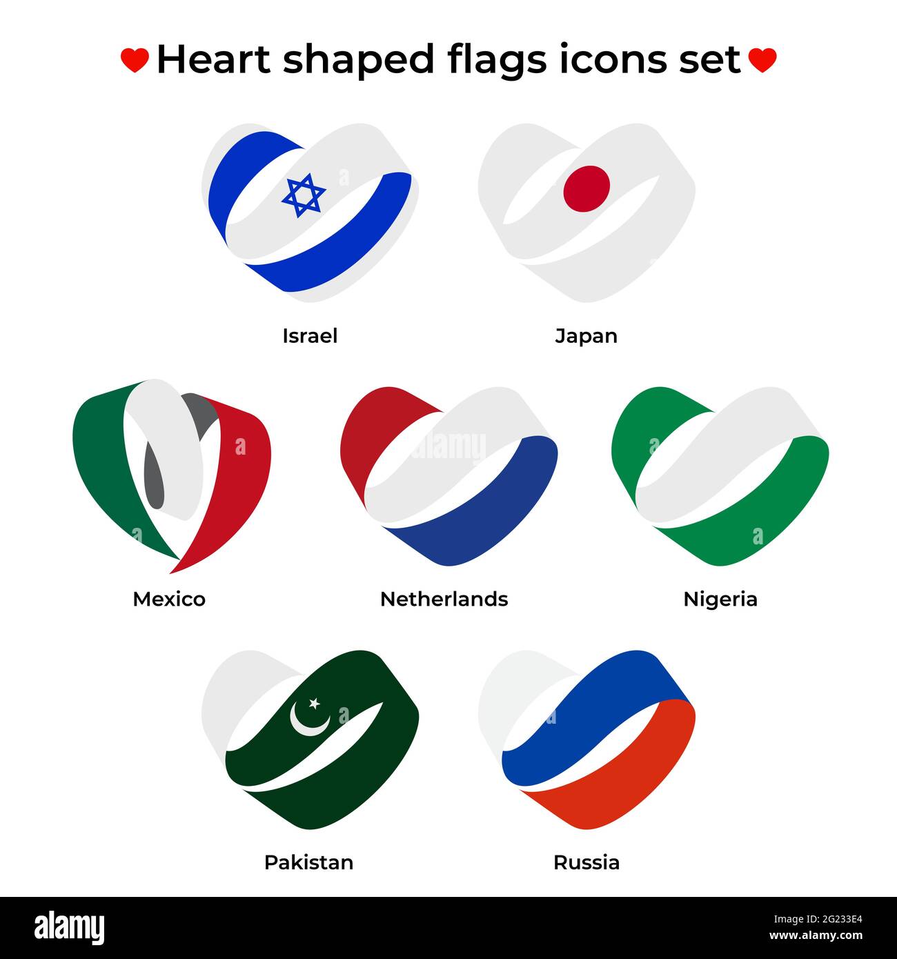 Set di icone di bandiere a forma di cuore. Flag icona da ricci nastro. Icona vettore, simbolo, pulsante. Illustrazione in stile piatto Illustrazione Vettoriale