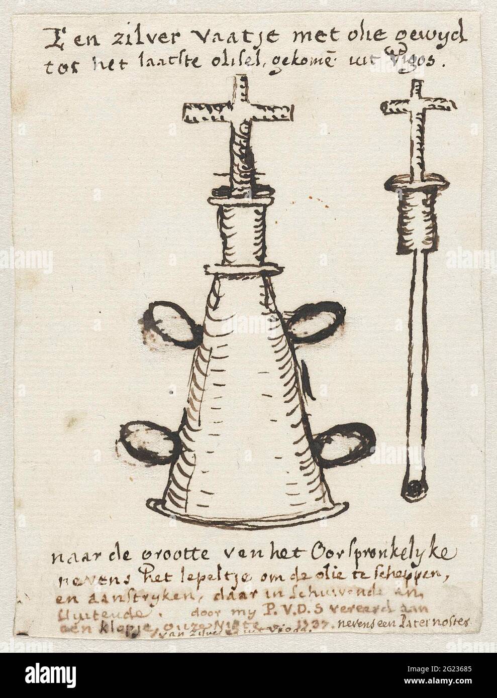 Barile d'argento con olio, 1737; un recipiente d'argento con olio gugh all'ultimo lyeling, conversazione [N] da Vigos. Un fusto d'argento con olio e il coperchio con cucchiaio decorato con una croce. L'olio dedicato all'ultimo ilie e da Vigo in Spagna. Donato ad una nipote del relatore nel 1737. Foto Stock