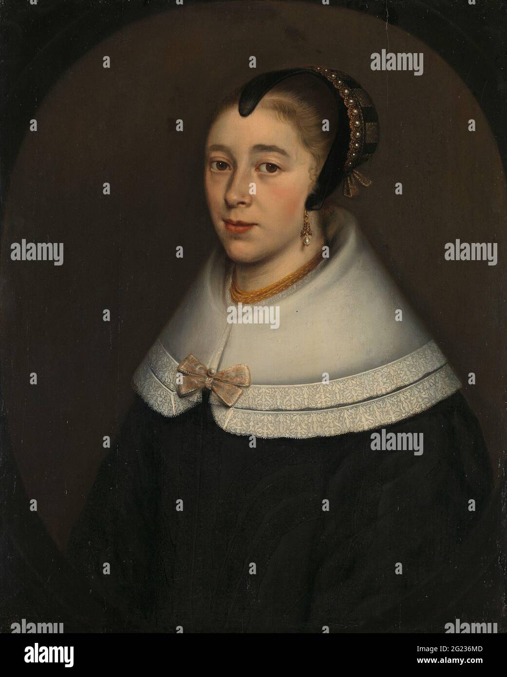 Ritratto di una donna, che si pensa sia Catharina Nerachth (1626 / 27-73), moglie o Bartolomeo Vermuyden; Maria de la Quevellerie (1629-64), moglie o Johan Anthonisz van Riebeeck. Ritratto di una donna, presumibilmente Catharina Narch, moglie di Bartolomeo Vermuyden. La sua metà, sulla testa un cappello decorato con perle. Pendente di SK-A-808. Foto Stock