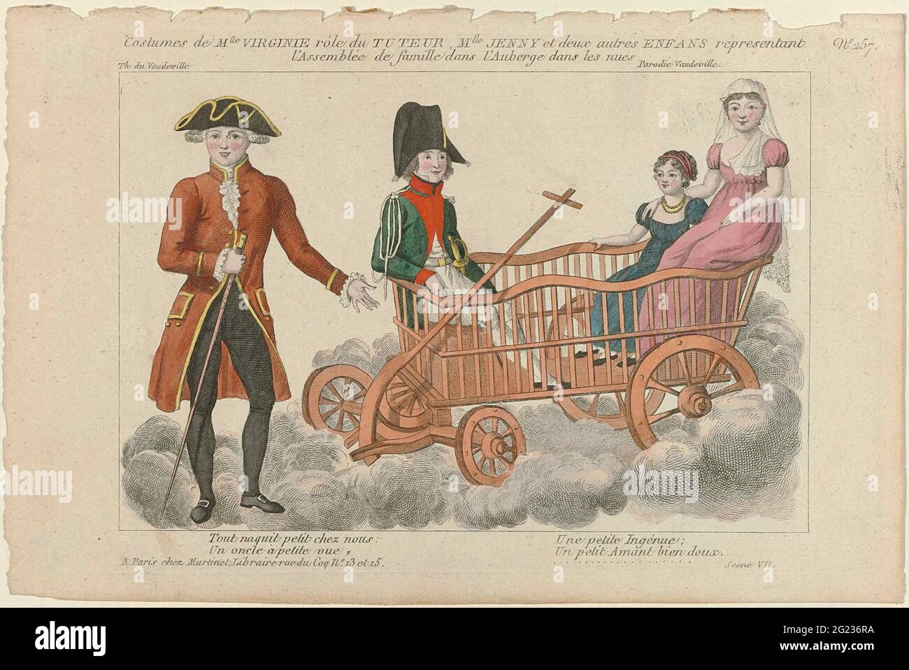 Petite Galerie Dramatique, 1796-1843, No. 257: Costumi la MLLE Virgini (...) .. MLLE Virginie costumi nel ruolo di tutor. Mlles Jenny e altri due bambini in un carro tra le nuvole. "Parody Vaudeville" allevato in 'Théâtre du Vaudeville' a Parigi. Uomo in piedi fuori in una fregatura con rifiniture a contrasto. Shorts. Jabot e polsini rugati. Calze. Scarpe con fibbie quadrate. Bastone per camminare. Con quattro righe di testo della settima scena. Stampa della rivista Petite Galerie Dramatique ou Recueil de Différents Costumes d'actors des Théâtres de la capitale (1796-1843). Foto Stock