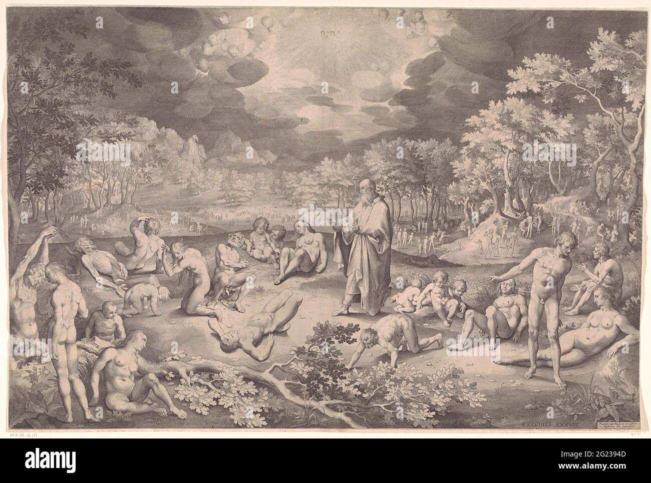 Visione di Ezechiele sulla valle delle ossa. Ezechiele profetizza in una valle ossea (EZ. 37). Comincia a parlare e intorno a lui le ossa tornano alla vita. La carne e la pelle si riproducono. In cima all'aria il tetragramma e il coro dell'angelo. Foto Stock