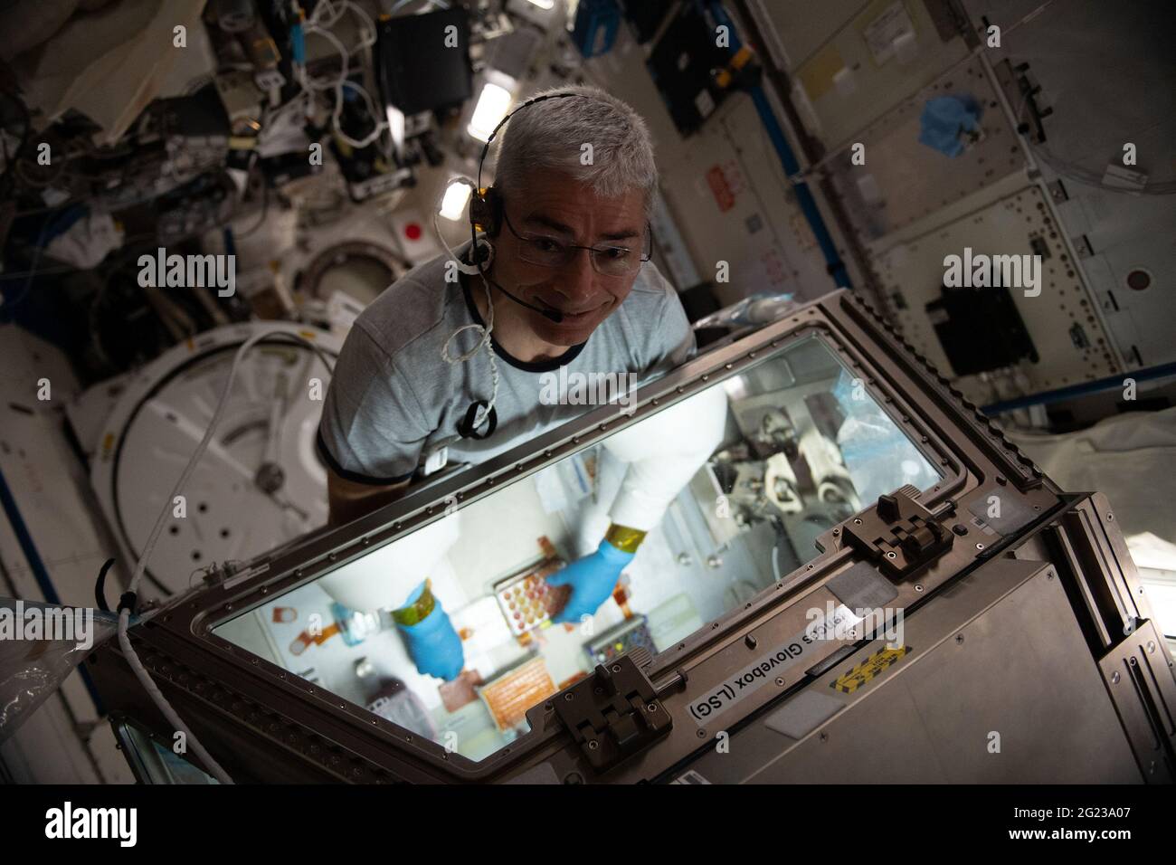 Stazione spaziale internazionale ISS. 8 giugno 2021. L'astronauta e spedizione della NASA 65 l'ingegnere di volo Mark Vande Hei fornisce campioni di cellule donatrici all'interno del cassetto portaoggetti Life Science del modulo del laboratorio Kibo il 22 maggio 2021. I campioni per lo studio sull'immunità celeste sono confrontati con le colture cellulari raccolte sulla Terra e possono aiutare gli scienziati a sviluppare nuovi vaccini e farmaci per il trattamento delle malattie sulla Terra. Crediti NASA/UPI: Notizie dal vivo UPI/Alamy Foto Stock