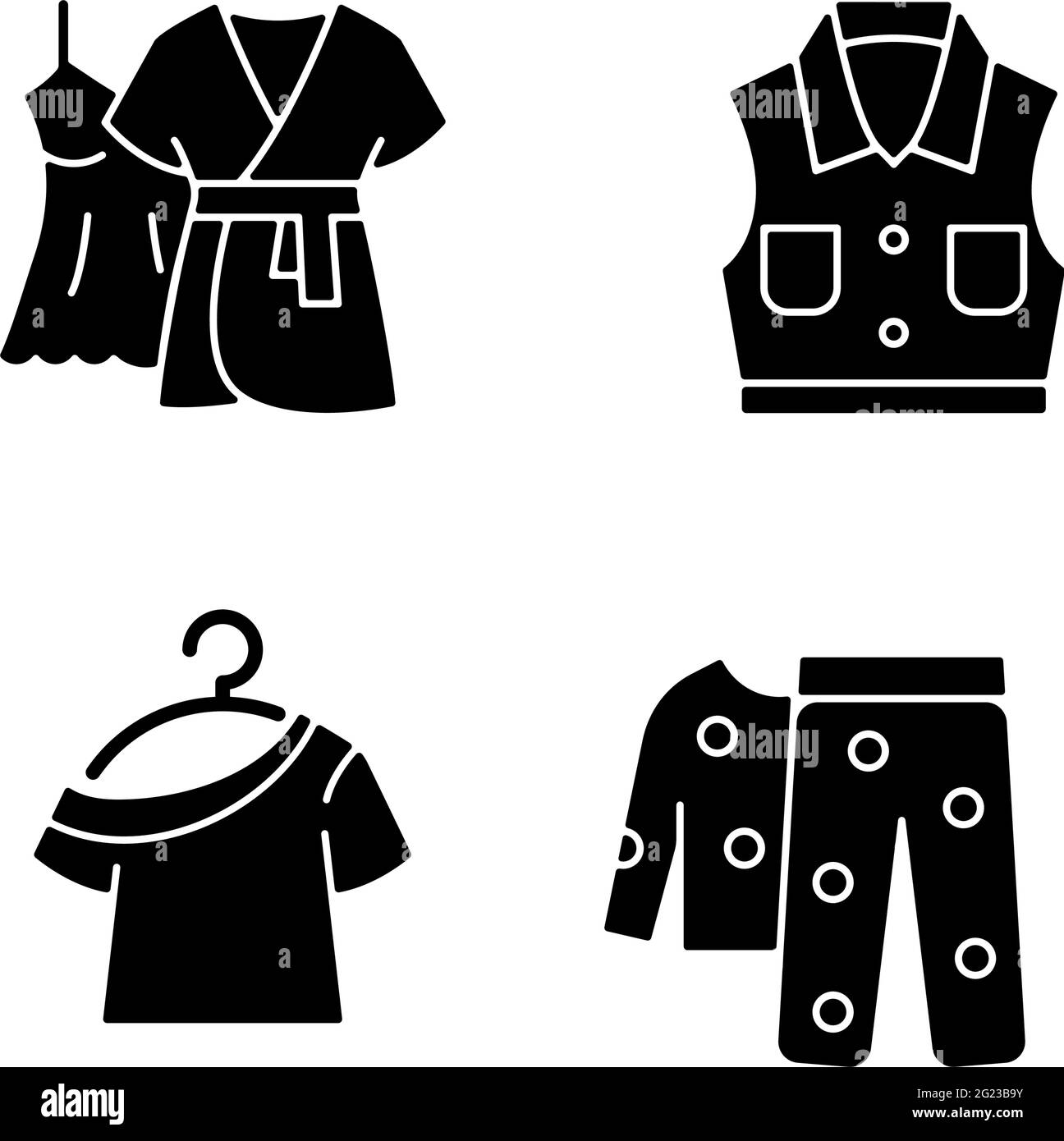 Vestiti per dormire glifo nero icone impostato su spazio bianco Illustrazione Vettoriale