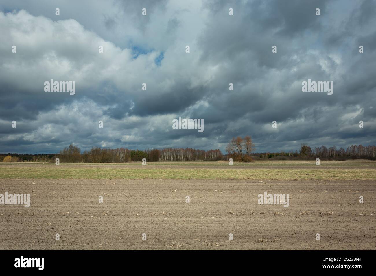 Terreni agricoli arati e nuvole piovose scure nel cielo Foto Stock