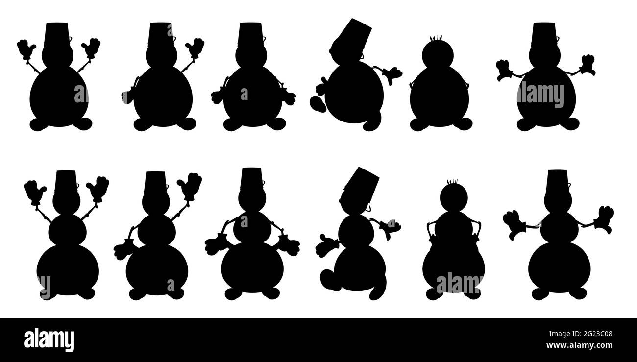 Una serie di sagome di simpatici pupazzi di neve in varie pose. Collezione natalizia di personaggi isolati, nero su sfondo bianco. Illustrazione vettoriale. Illustrazione Vettoriale