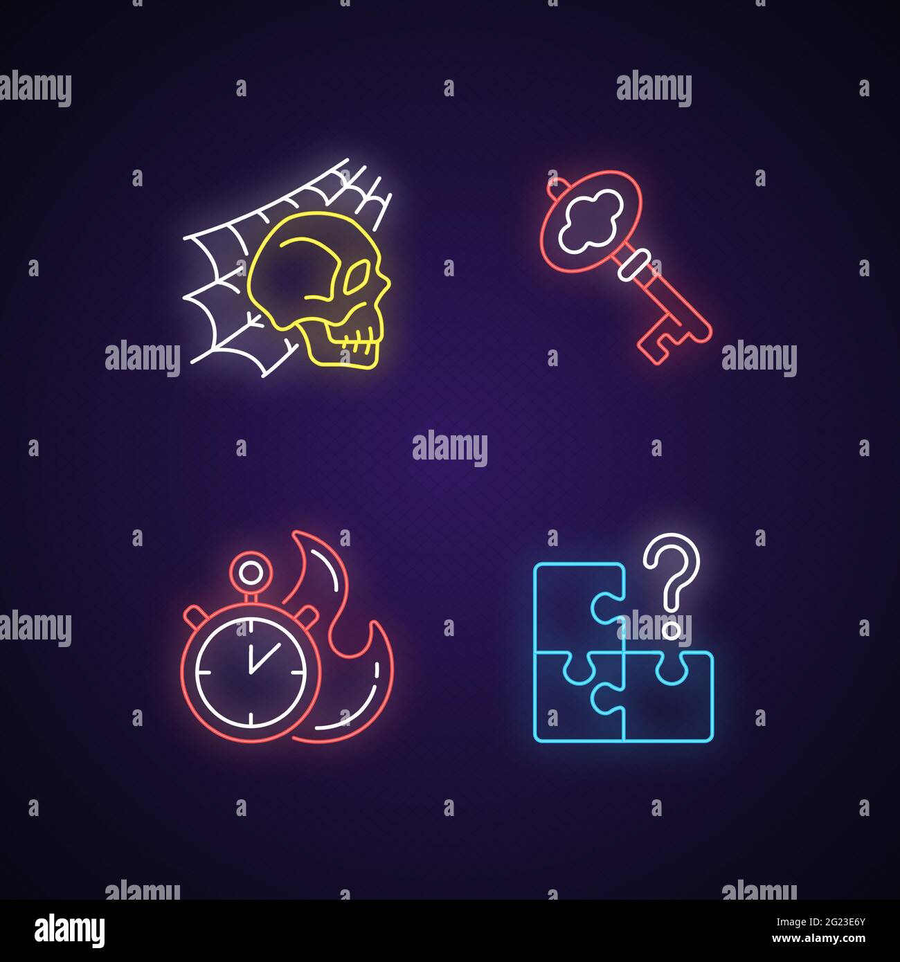 Set di icone al neon della stanza quest Illustrazione Vettoriale