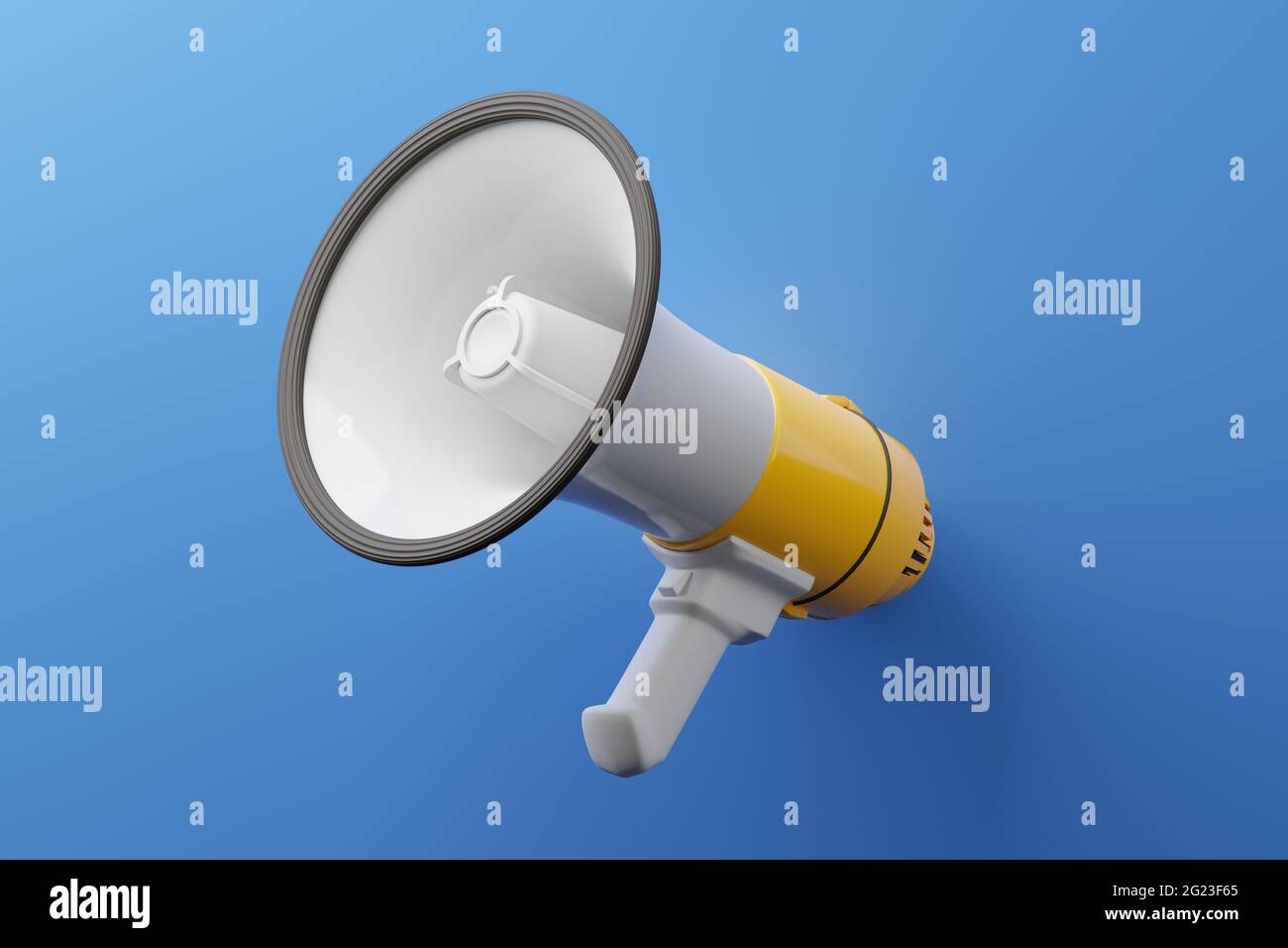 Yellow Megaphone 3D rendering, Stampa protesta contro dittatura Concept poster e social banner disegno orizzontale su sfondo blu con copia spac Foto Stock