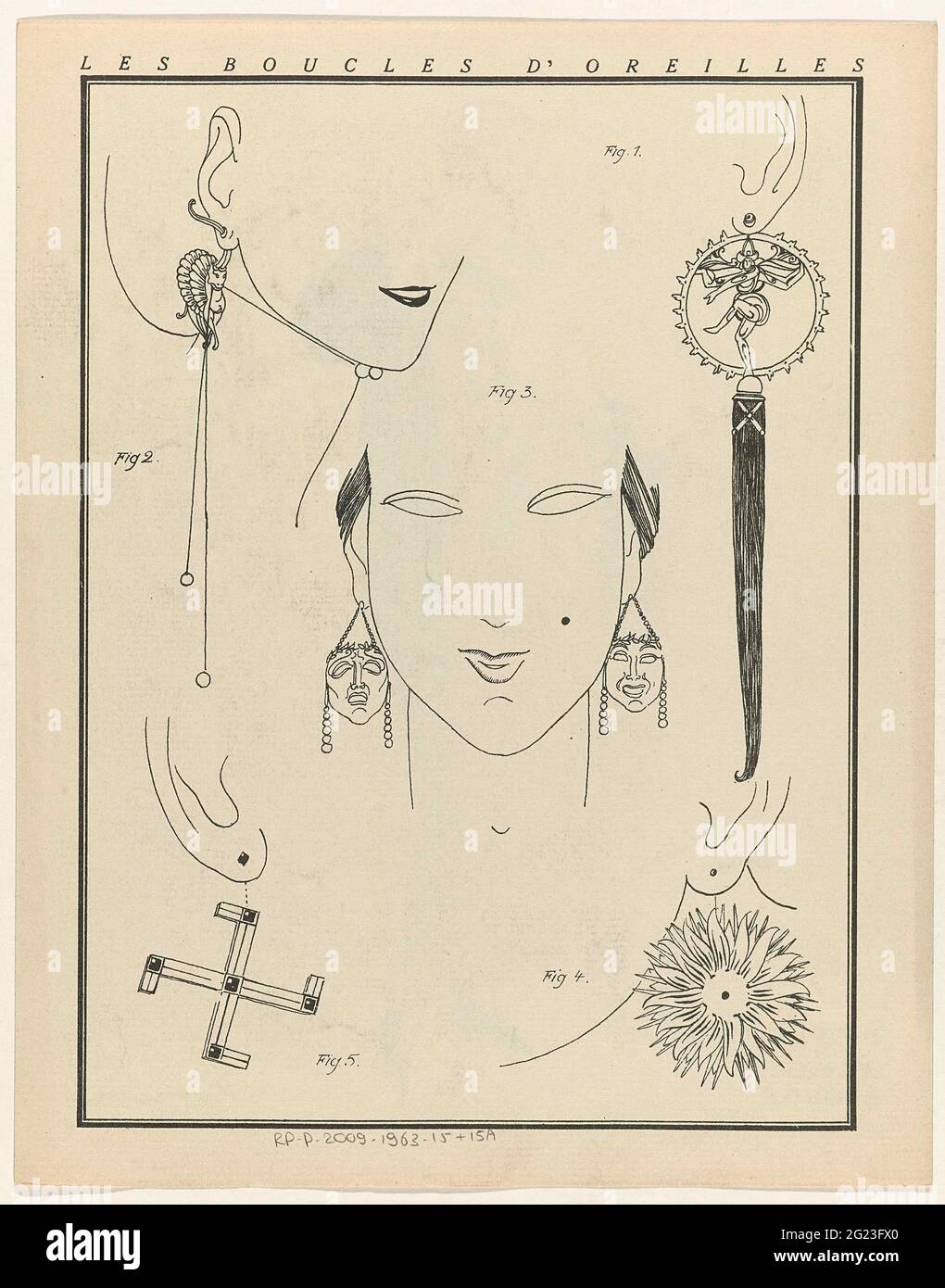 Gazette du bon tons. Art - Modes & Fribolités, 1922 - No. 9: Les Boucles d'Oreilles. Cinque diversi orecchini. Il n. 2 è ispirato all'arte assira Croquis No VII verso di Gazette du Bon Ton 1922, n. 9. Spiegazione degli orecchini a pagina 'Descrizione et explication des Planches Hors-Texte et pages de Croquis. Foto Stock