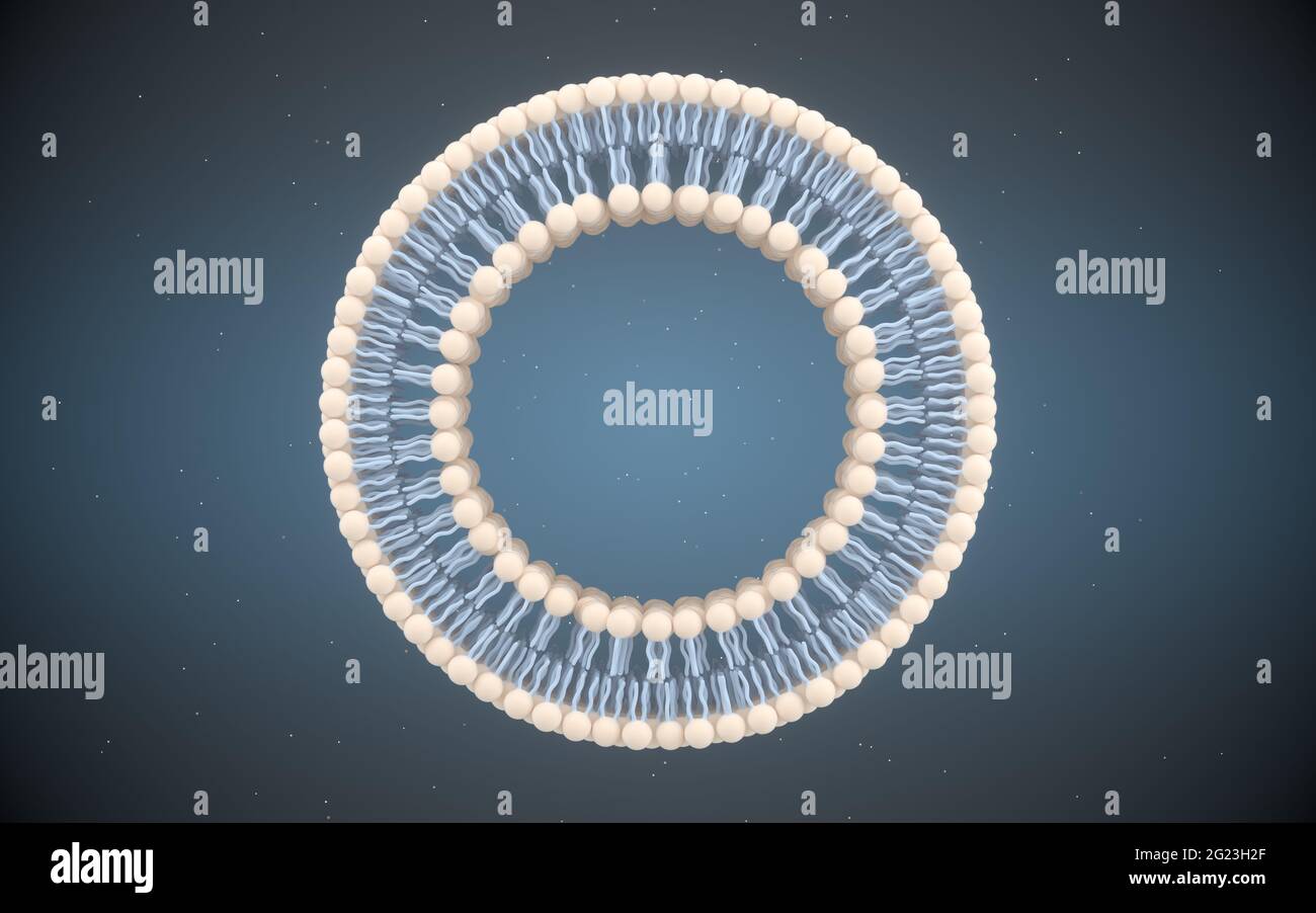 Membrana cellulare con sfondo blu, rendering 3d. Disegno digitale per computer. Foto Stock