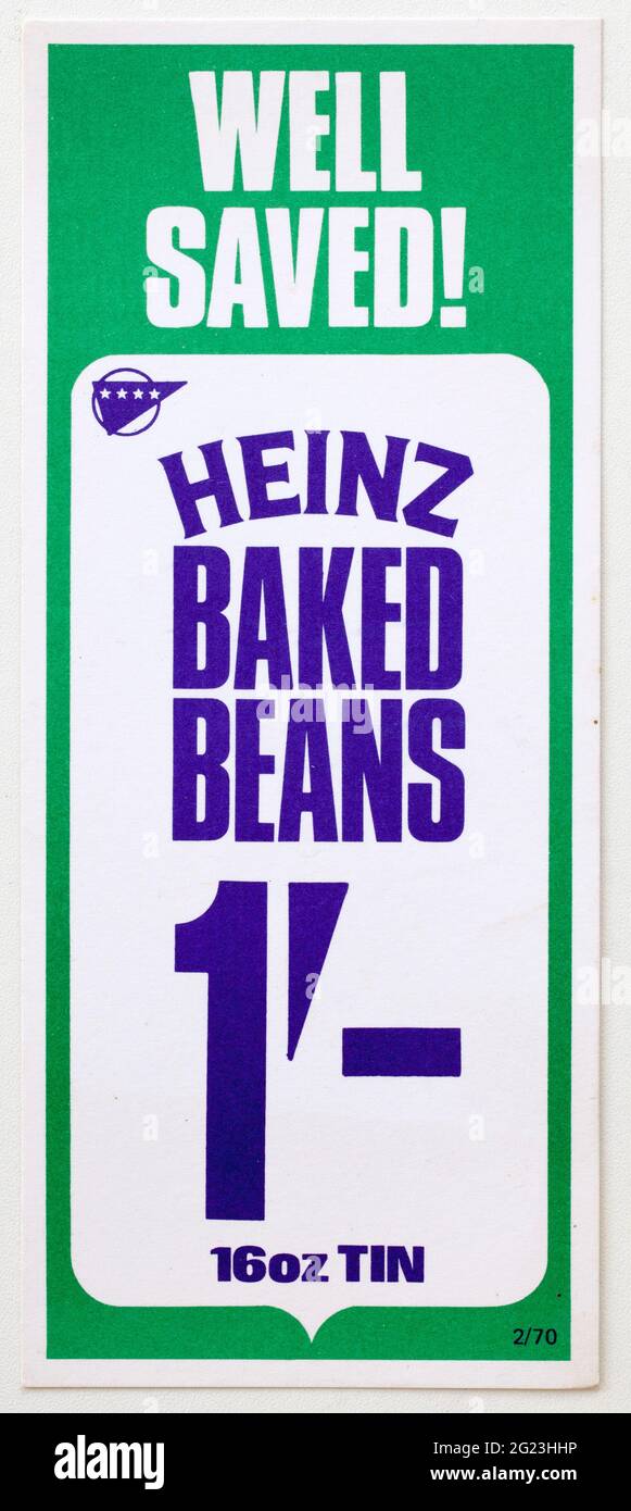 1970 Shop Pubblicità Prezzo Display Label - fagioli al forno Heinz Foto Stock