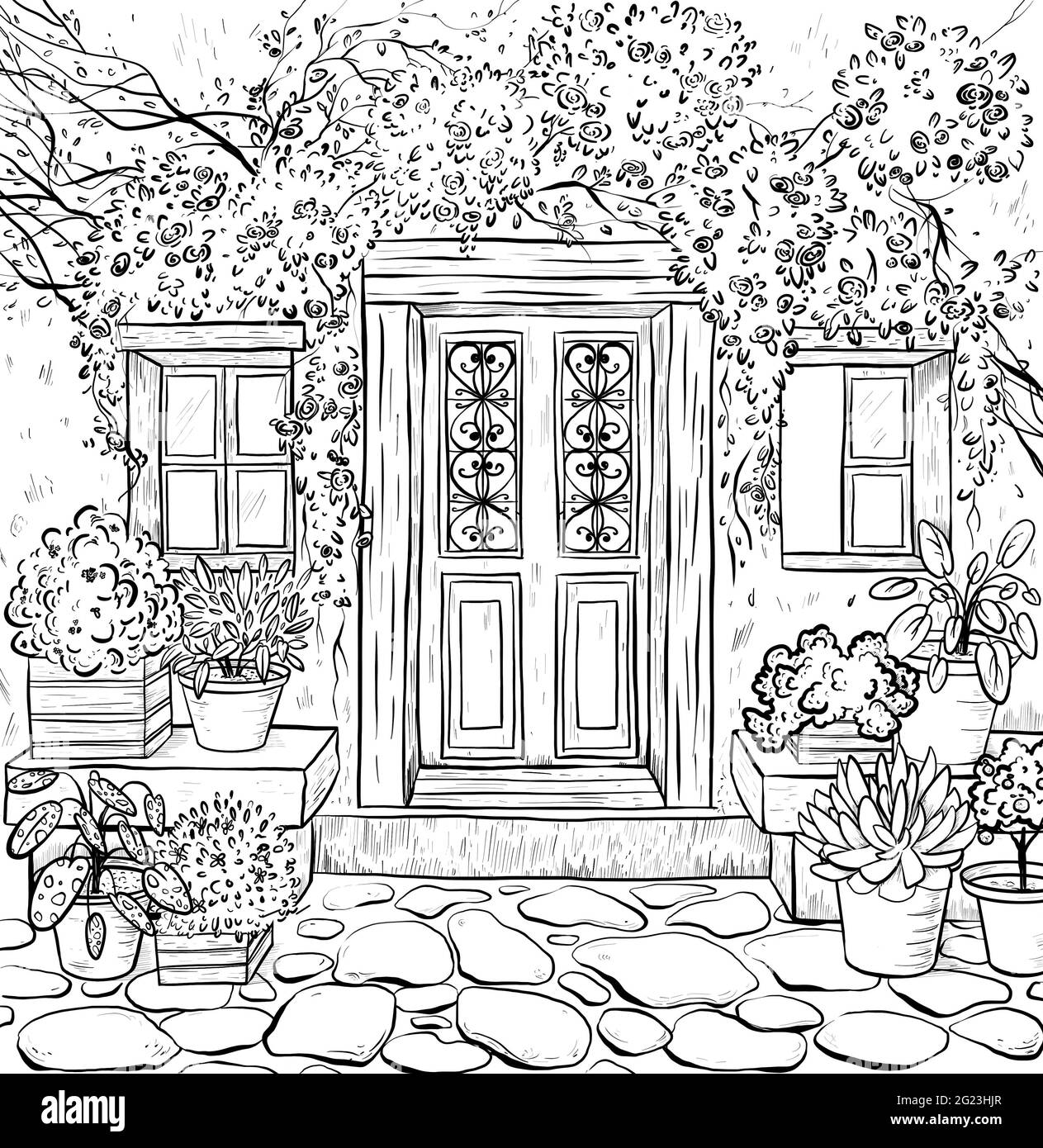 Libro di pagine da colorare. Colorazione per adulti con esterno rurale Foto Stock