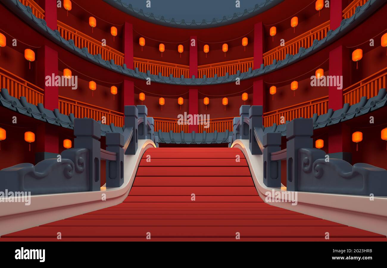 Ponte in stile cinese con sfondo rosso per interni, rendering 3d. Disegno digitale computerizzato, Foto Stock