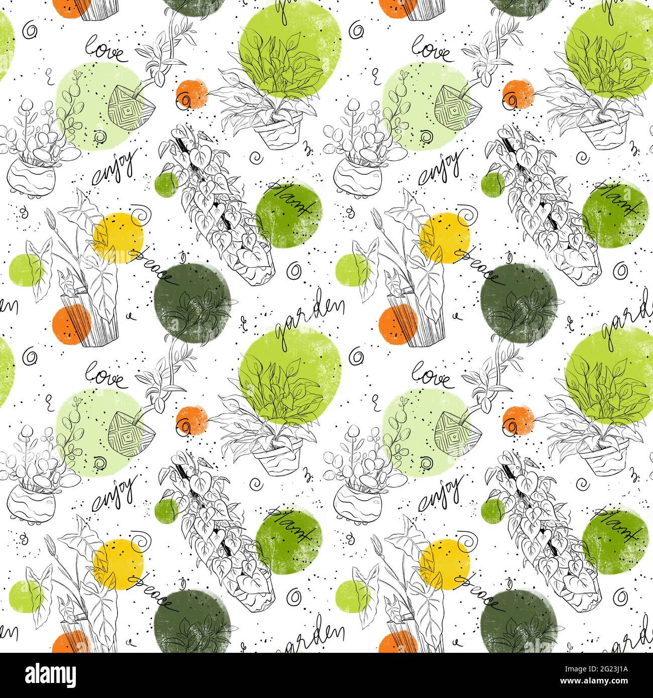 Modello di doodle primaverile trainato a mano con piante domestiche Foto Stock