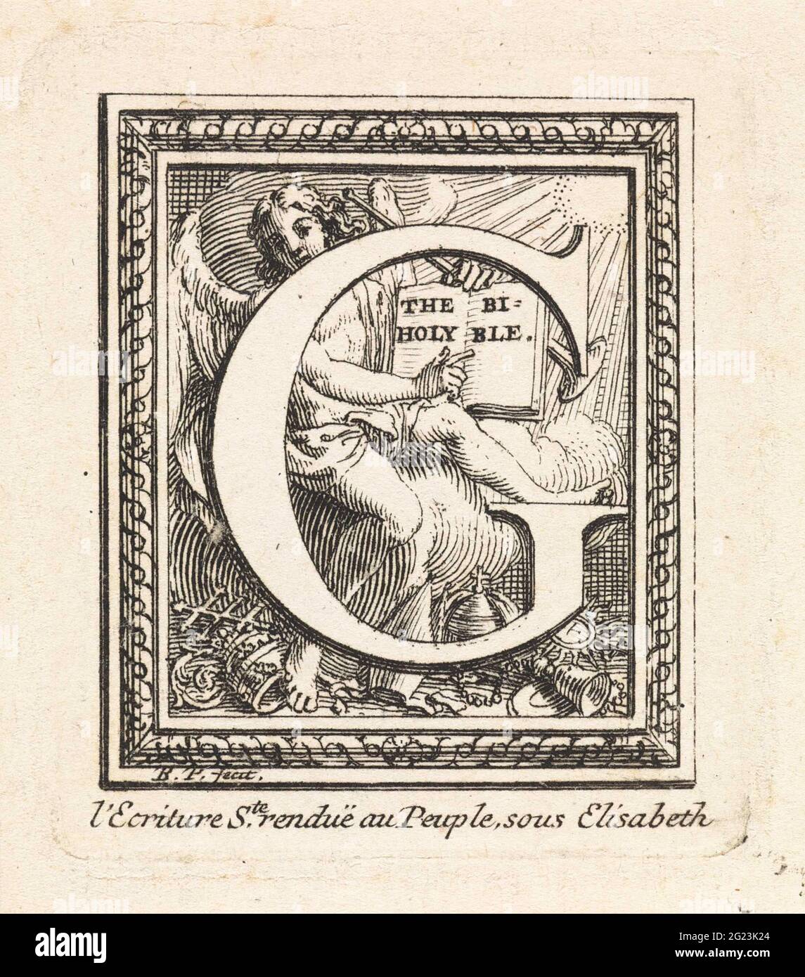 Lettera G. la lettera e la g iniziale con un angelo sullo sfondo, che indica una beata Bibbia inglese. Sul terreno diversi attributi ecclesiastici cattolici, tra cui una Tiara papale. In fondo ad una linea di testo esplicativa in francese, dichiarando che Elisabetta i Tudor, Regina d'Inghilterra, diede la Bibbia al popolo. Foto Stock