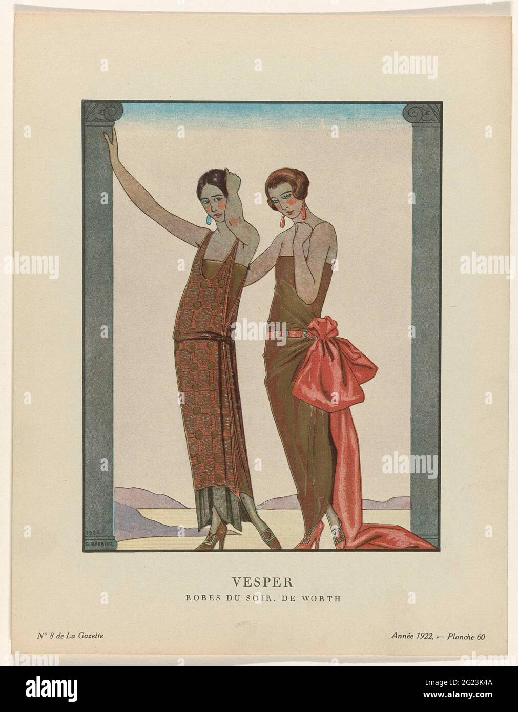 Gazette du Bon Ton, 1922 - No. 8: Vesper / robes du Soir, De Worth. Due  donne in piedi tra due colonne, vestite nei giorni serali dal valore. La  donna sulla sinistra