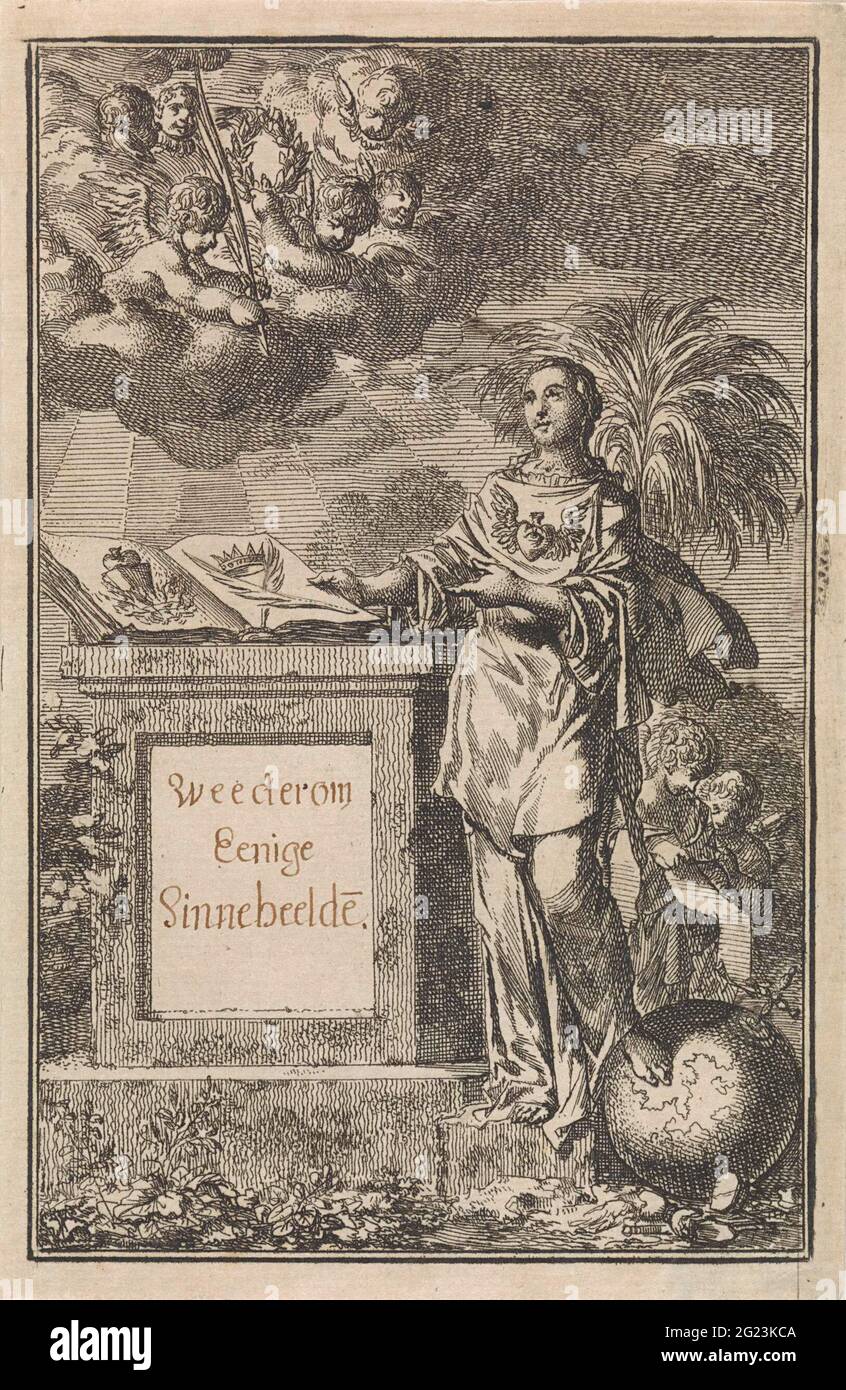 Donna mostra un libro aperto e riceve un ramo di palma e una corona. Una donna, con un cuore alato sul petto, punta al libro aperto che si trova accanto a lei su una base. Un cuore bruciante e due rami premiati della palma possono essere visti sulle pagine. La donna lascia uno dei suoi piedi sul globo. Da una nuvola, gli angeli le offrono un ramo di palma e una corona. Foto Stock