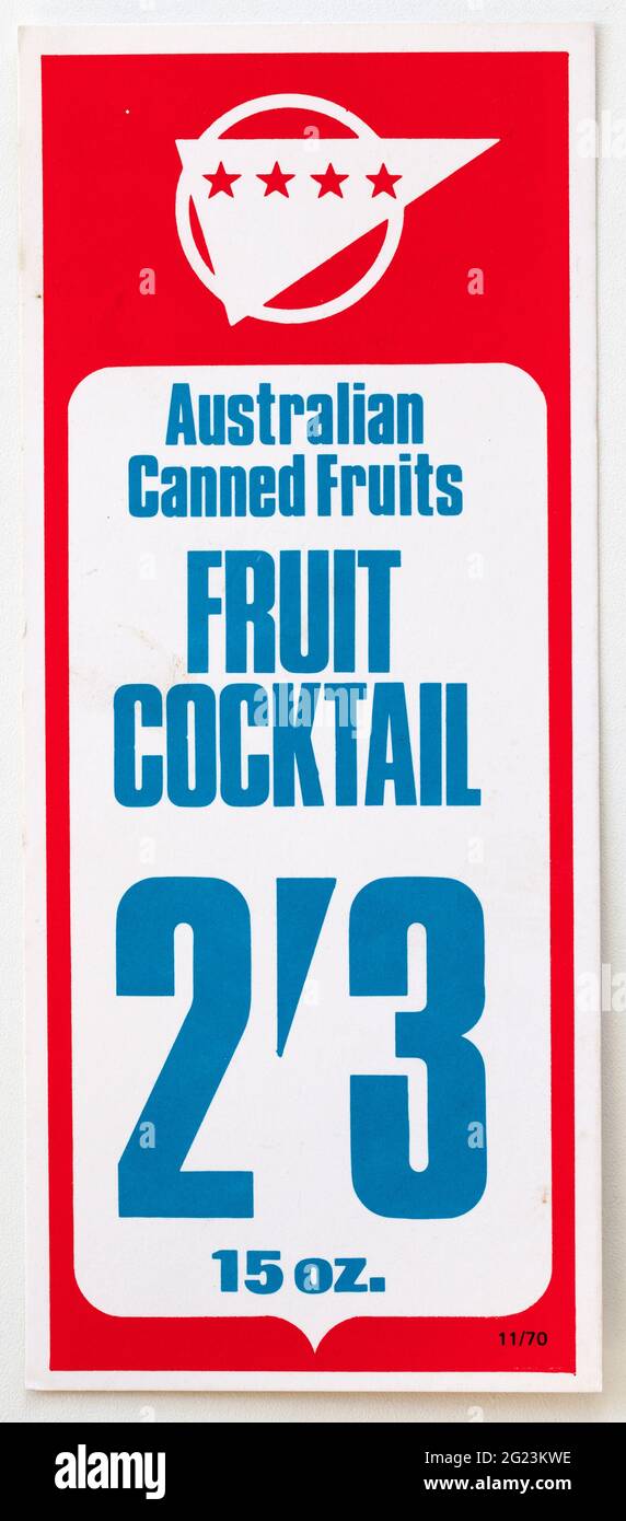 1970 Shop Pubblicità Prezzo Display Label - cocktail di frutta Foto Stock
