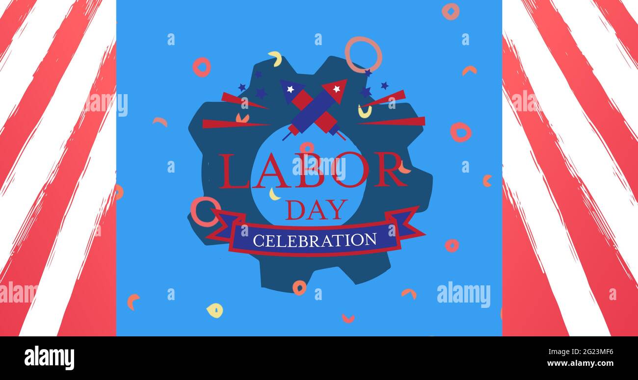 Happy Labor Day testo e fuochi d'artificio sopra impostazione icona su sfondo a strisce rosse Foto Stock