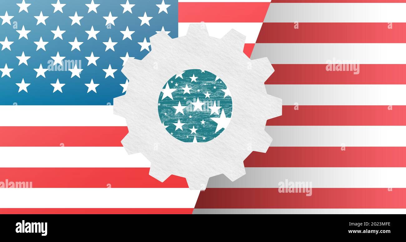 Più stelle sopra l'icona di impostazione contro la bandiera americana in background Foto Stock