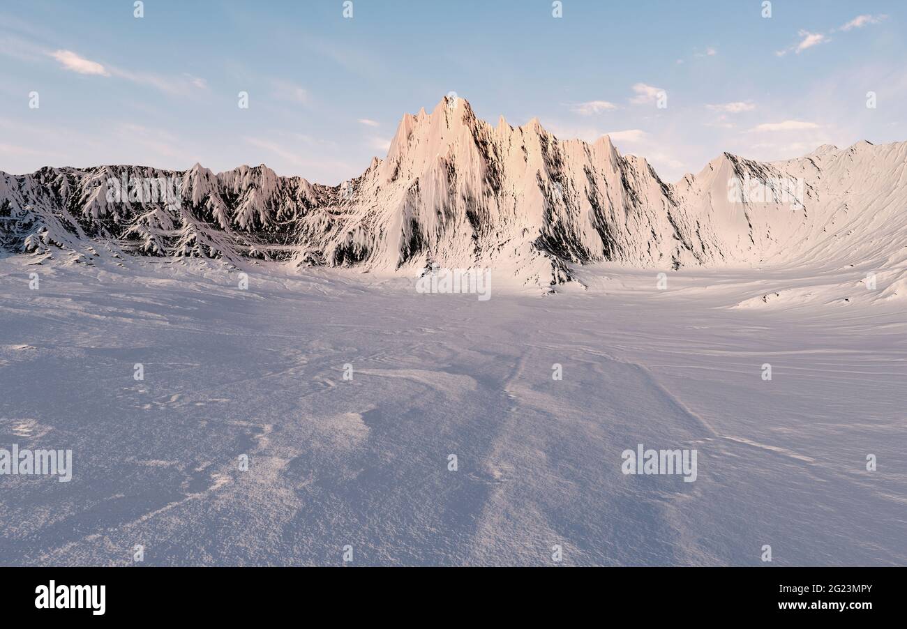 Sfondo delle montagne innevate, rendering 3d. Disegno digitale per computer. Foto Stock