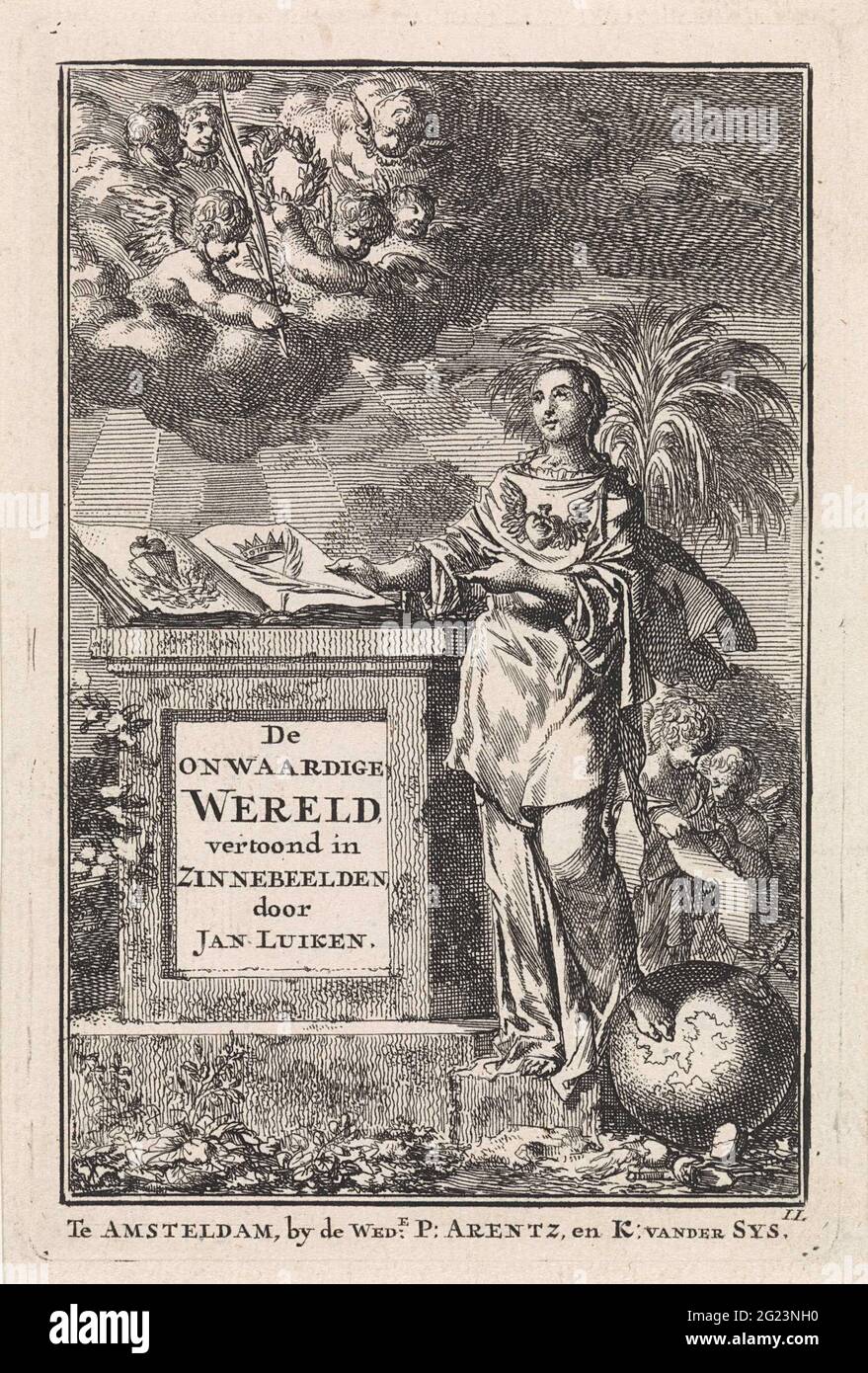 Pagina del titolo di Jan Luyken 'il mondo indegno', 1710. Una donna, con un cuore alato sul petto, punta al libro aperto che si trova accanto a lei su una base. Un cuore bruciante e due rami premiati della palma possono essere visti sulle pagine. La donna lascia uno dei suoi piedi sul globo. Da una nuvola, gli angeli le offrono un ramo di palma e una corona. Foto Stock