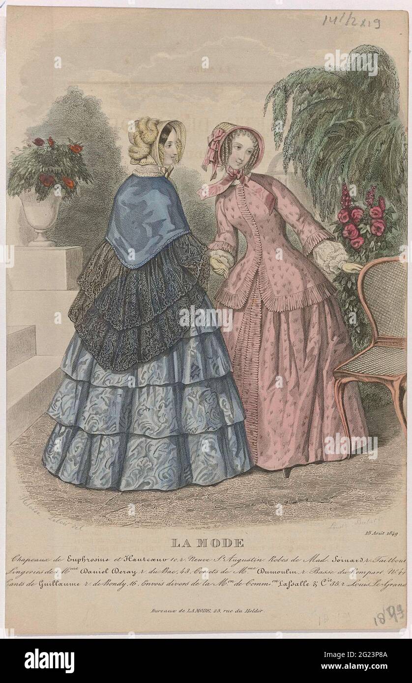 La Mode, 15 août 1849: Chapeaux l'Eufrosin (...). Due donne, una delle  quali vista sul retro, in un giardino. Secondo la didascalia: Cappelli di  Eufrosina e Hautcoeur. Scherzi da Soinard. Di seguito